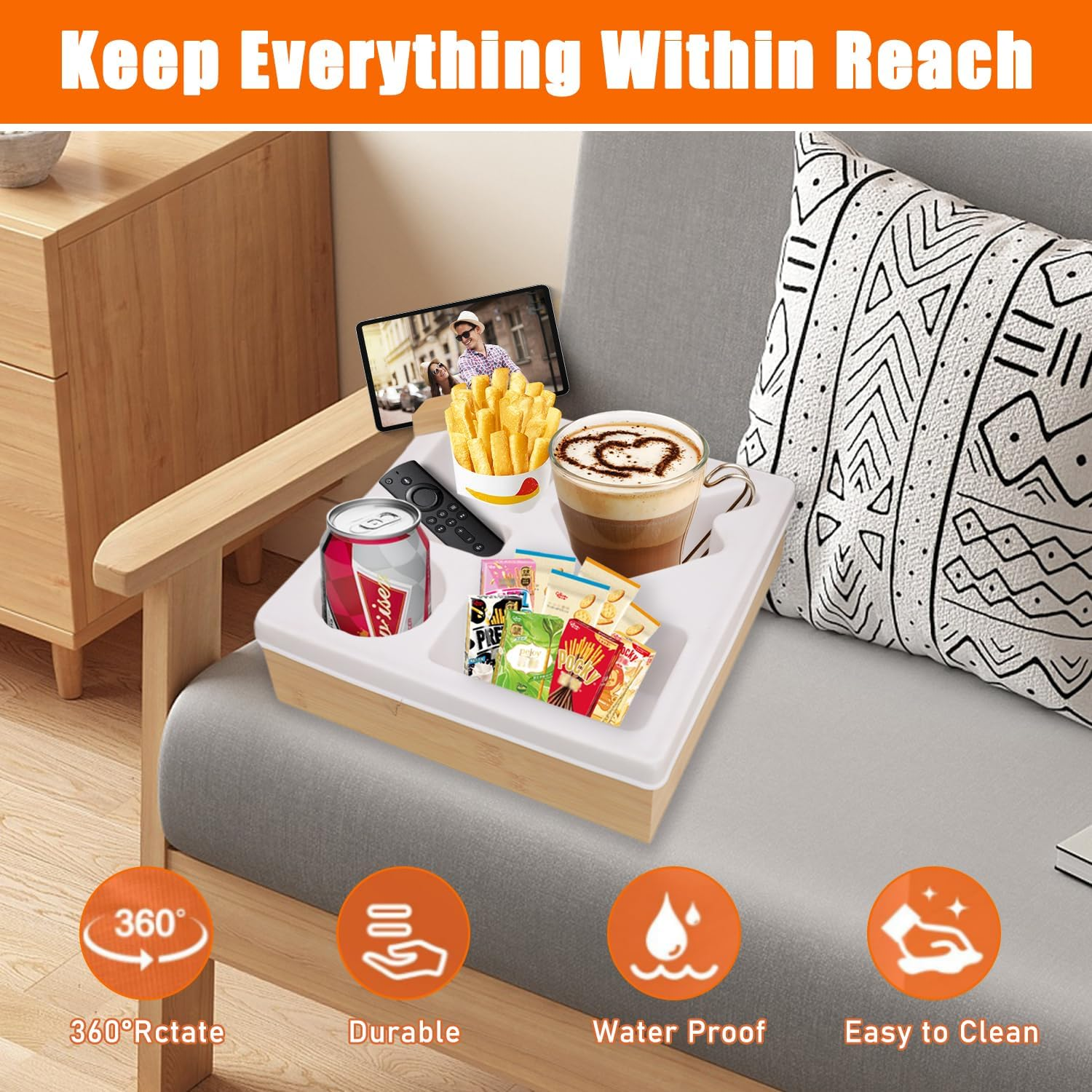 Uandhome Couch Cup Holder Tray,Handy Silicone Bamboo Couch Caddy with Rotatable Phone Holder for Bed Car Seat Organizer, Waterproof Anti-Spill Sofa Cup Holder for Snacks Beverage Remote(White) image number 2