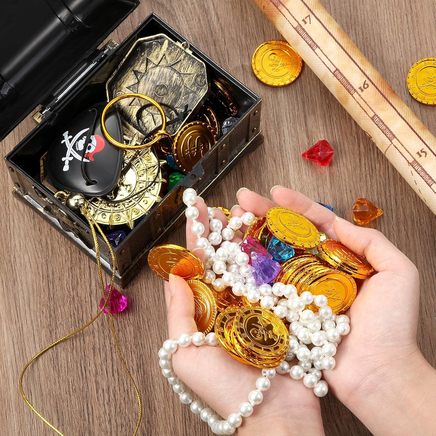 89 Pieces Pirate Treasure Chest Toy Kit Vintage Pirate Treasure Chest Pirate Eye Patch Gold Earrings Gold Coin Gems Plastic Toy Compass Pirate Map for Cosplay Themed Party Favors (Creative Style) image number 4