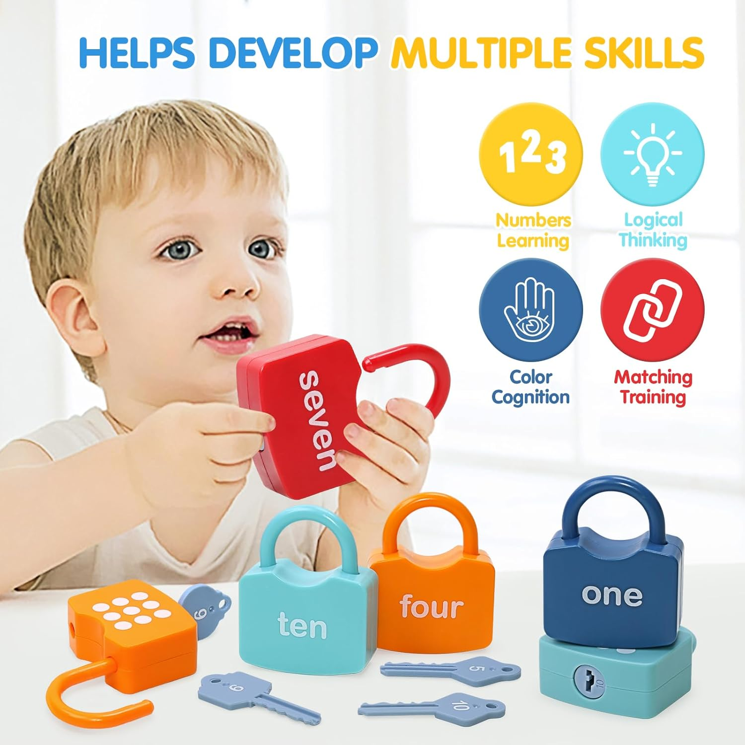 Montessori Toys for Toddlers 1-3 Year Old, Kids Lock and Key Learning & Education Toy, Numbers Counting, Matching, Sorting Game Preschool Educational Toys Age 3 4 5 Boys Girls image number 4