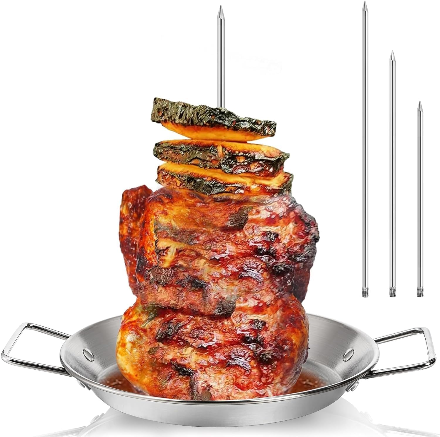 13Inch Vertical Skewer Grill Pan,Barbecue Pan,304 Stainless Steel Vertical Skewer With8/10/12Inch Roasting Sticks, with Mat,Gloves,Reusable Vertical Barbecue Rack Vertical Pans Grill for Picnic image number 4