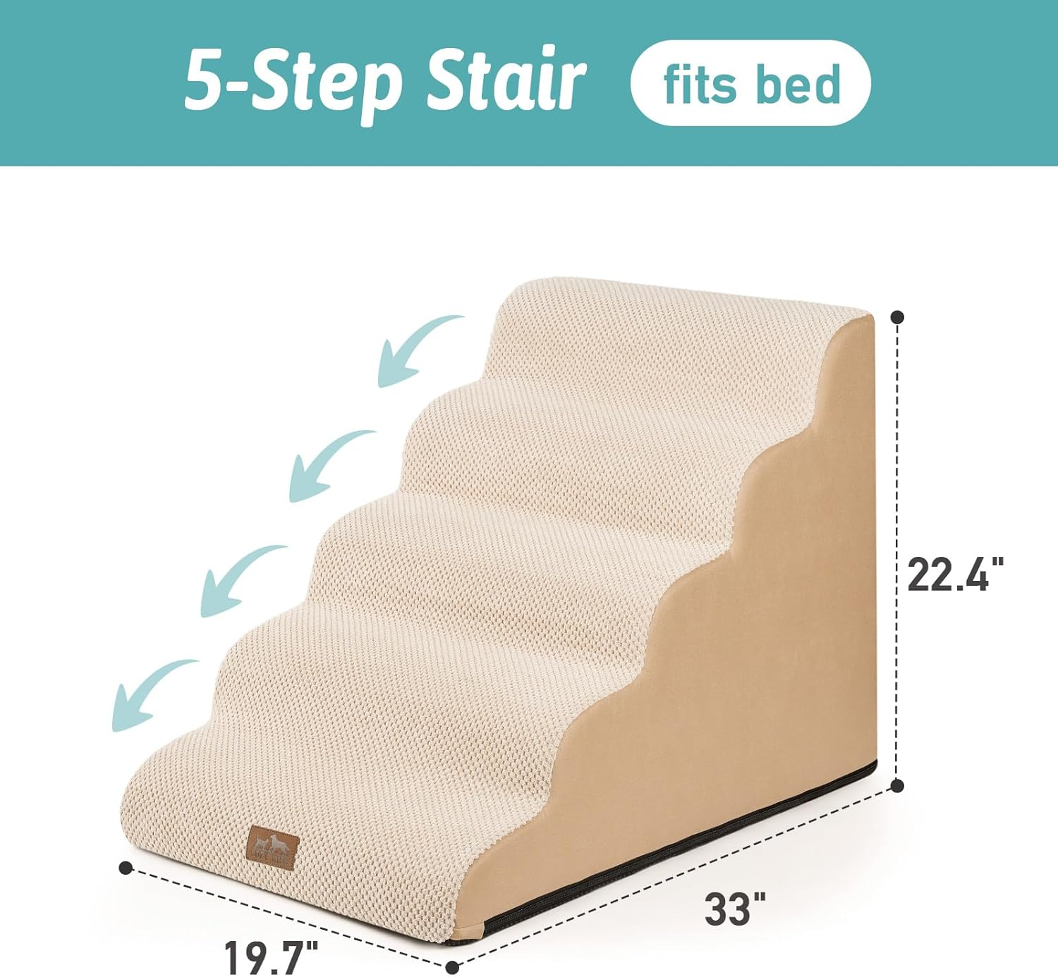 Cosy KISS Wide Dog Stairs for Large Dogs 50Cm Width, Dog Step for Small Dogs, Puppy or Cat, Medium Pet Ramp for High Bed or Car, High Density Foam Ladder, 50X84X57 Cm, Stable, 5 Step, Beige image number 3