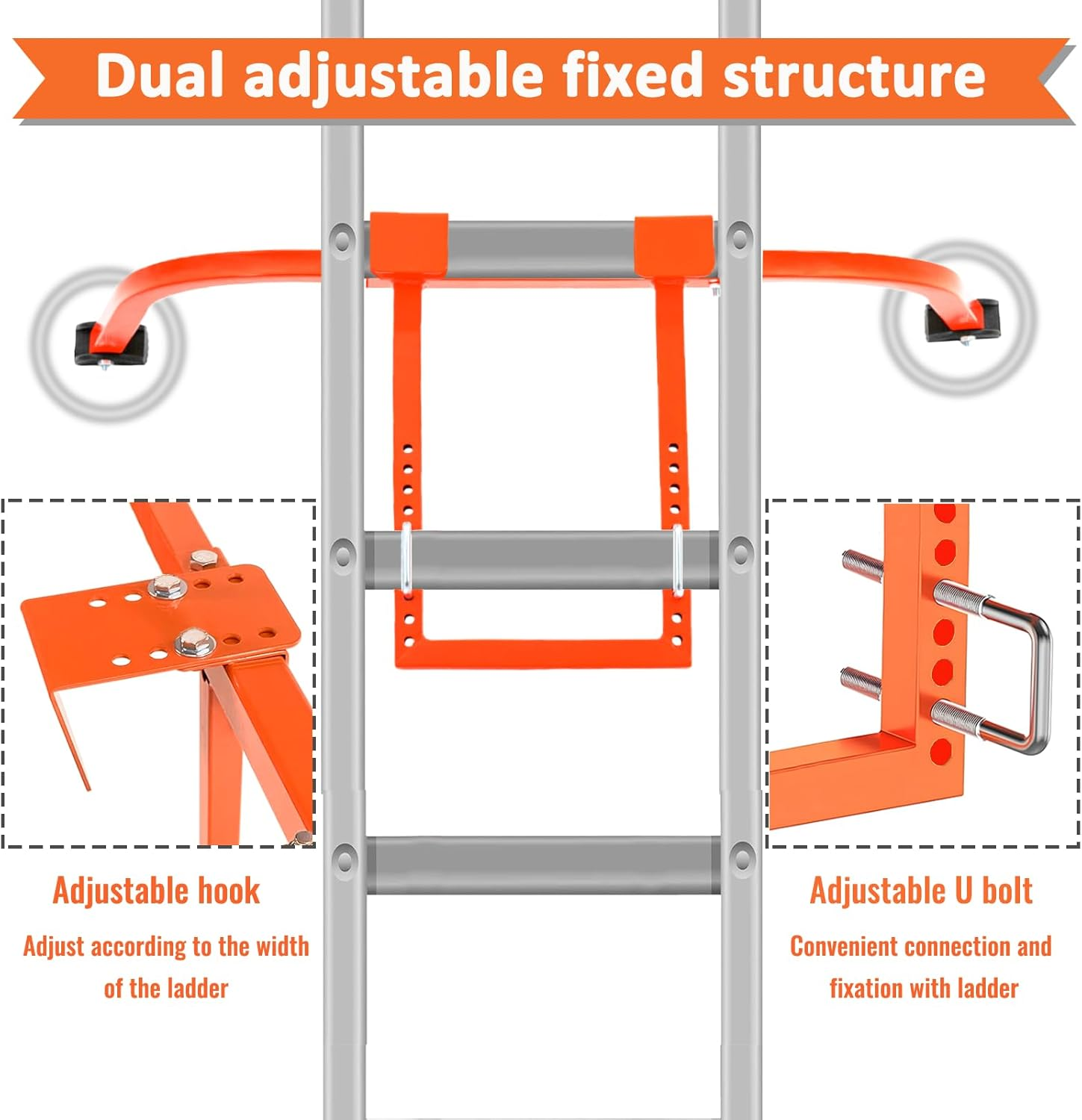Ladder Stabilizer, Heavy Duty Steel Ladder Roof Hook Ladder Stabilizer with Wing Span/Wall Extension Accessory, Secure and Stable Ladder Standoff Arms for Roof Gutter with Anti-Slip Rubber Feet - Ladder Stabilizer With Tool Tray image number 3