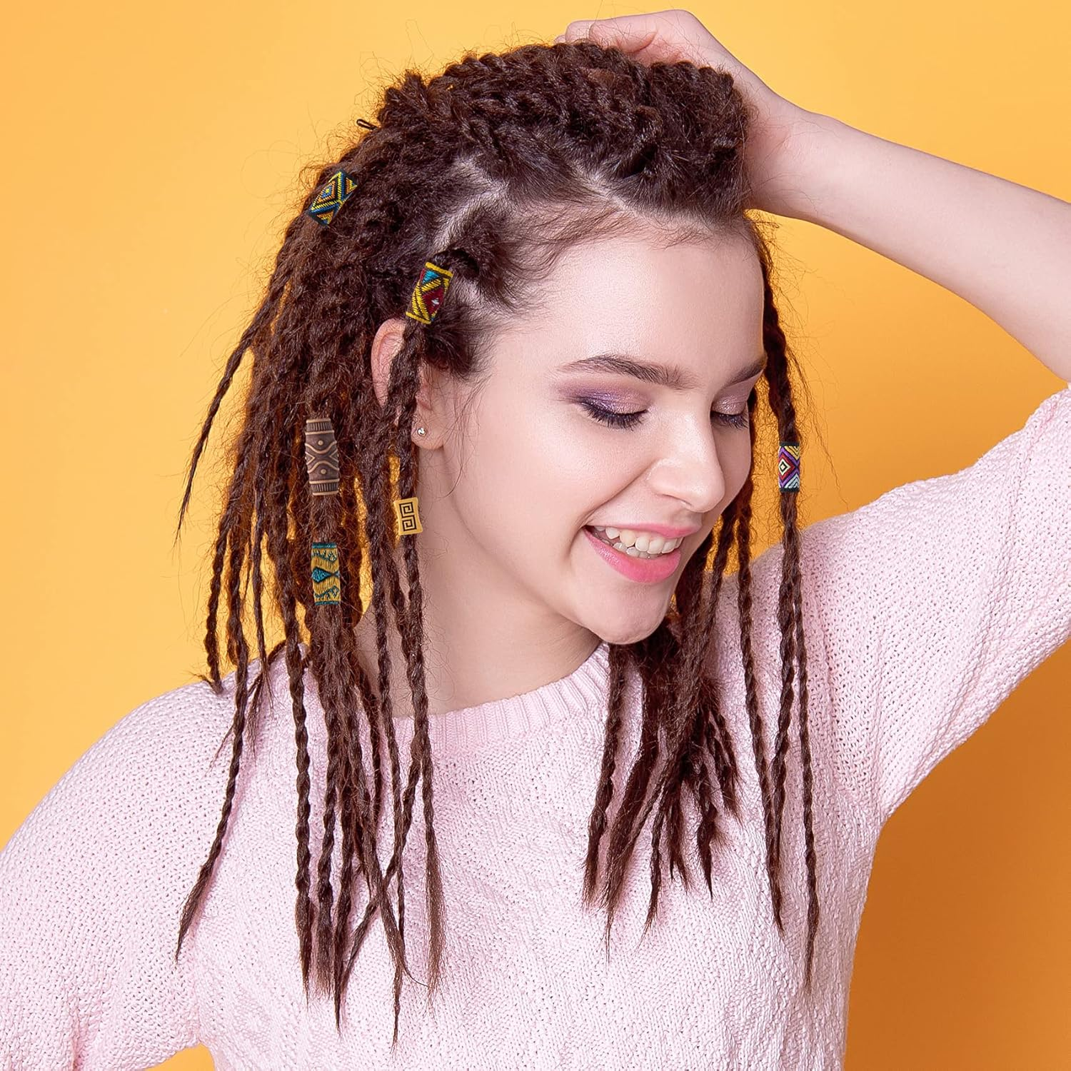 HINZIC 54 PCS Hair Jewelry Braids Fabric Dreadlock Beads Vintage Locks Hair Clips African Beads Simulation Wood Dreadlock Accessories for Halloween Costume Christmas Women Reggae of Men image number 5