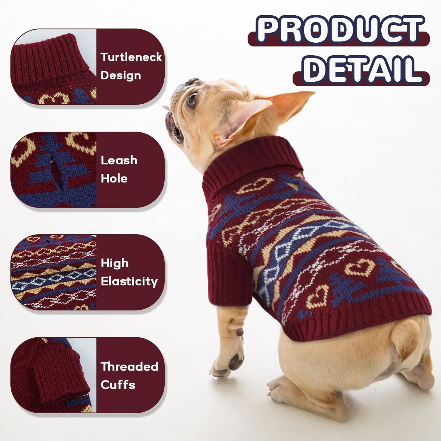 Dog Cat Sweater, Turtleneck Dog Jumper Pullover Soft Winter Dog Coat Warm Puppy Cat Clothes Knitwear Apparel Snowflake Pattern Dog Winter Clothing Outfits(Red, M) image number 2
