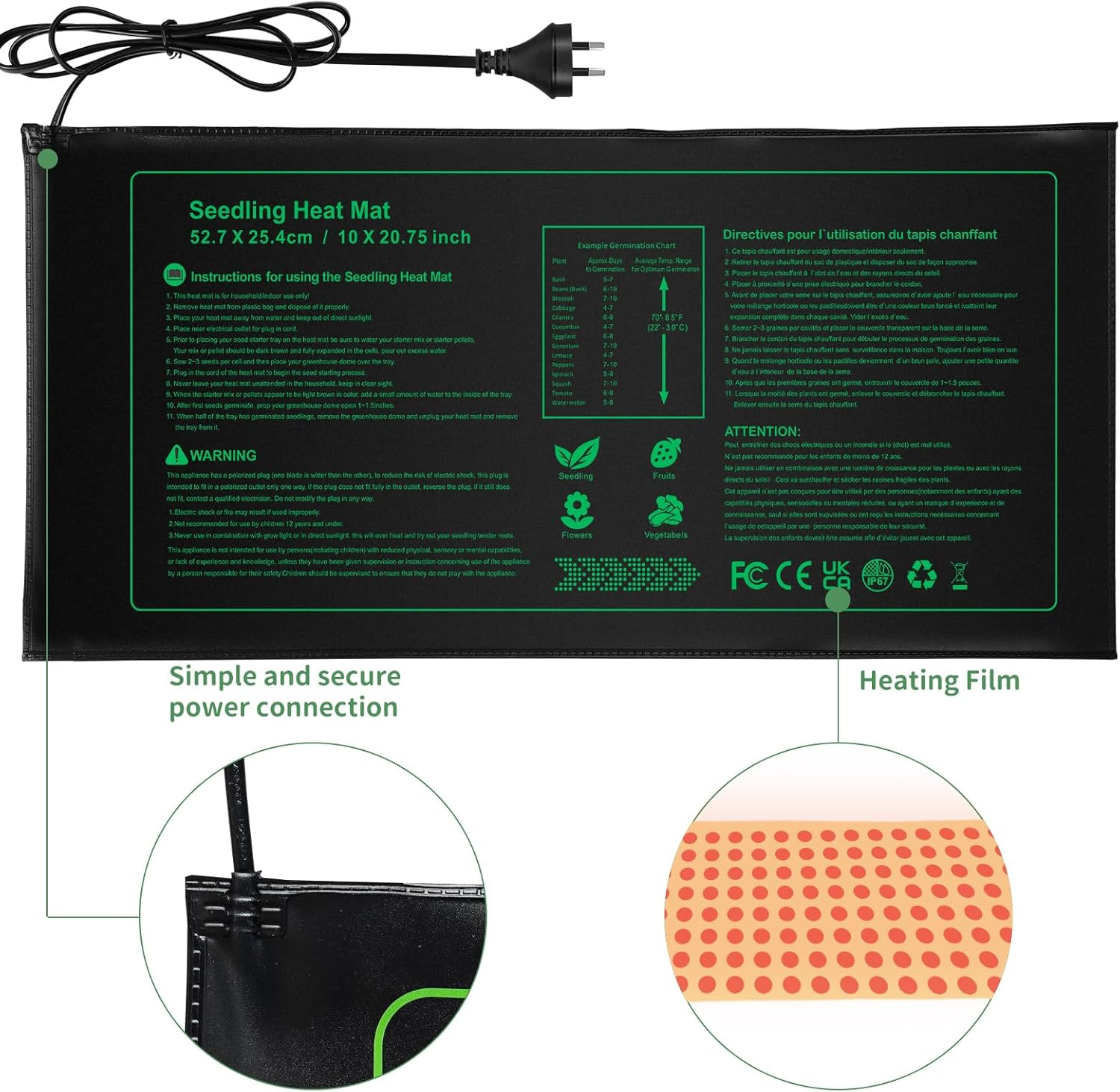 Seedling Heat Mat,2 Pack Hydroponic Heating Pad,Warm Hydroponic Heating Pad for Plant Greenhouse Incubator, Seed Germination, Australian Plug(52 X 25Cm/10 X 20.75 Inch) image number 2