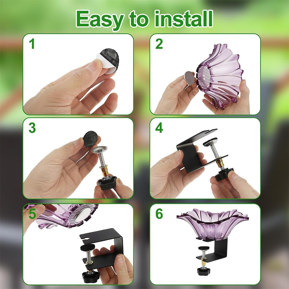 Violet Bird Feeder Stand Set Multi Feeder Hanging Kit,Plastic Carbon Steel Flower Shape,Bird Food Holder Container,For Balcony Porch Railing Bird Feeder image number 5