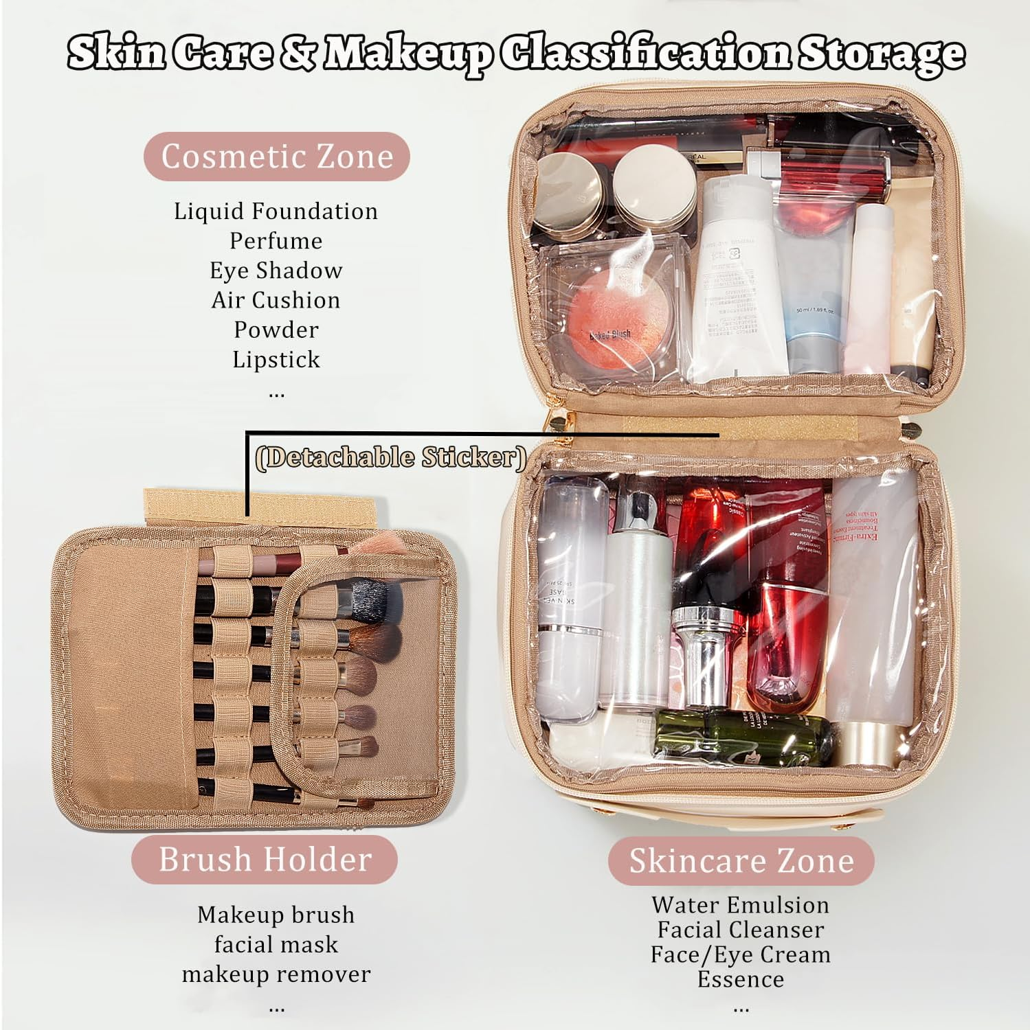 VNIMTI Travel Makeup Bag, 2 Layer Makeup Organizer with Brush Holder, Large Cosmetic Bag Toiletry Bag, Big Portable Makeup Pouch for Women, PU Leather, Waterproof (White)