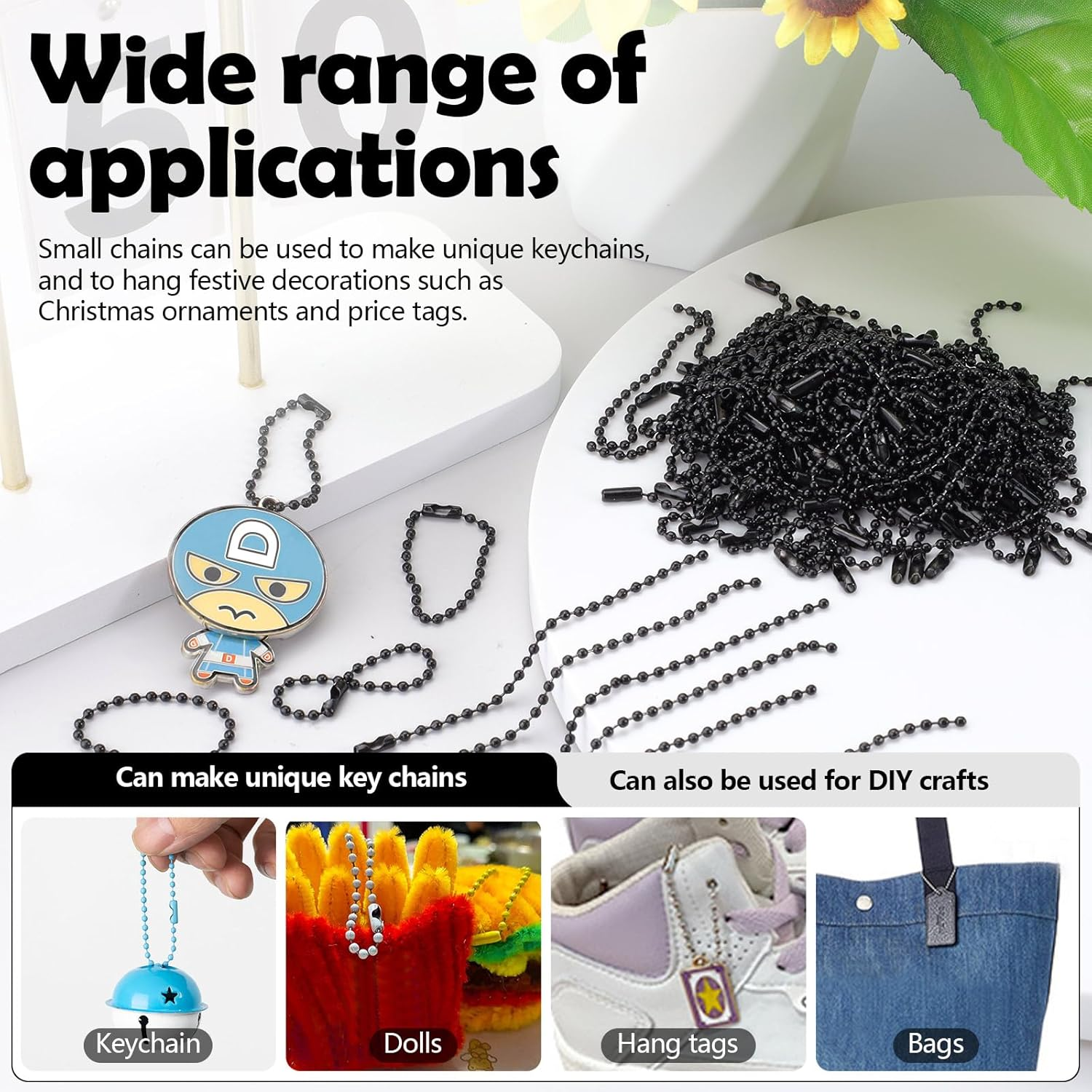 Sekonow 300Pcs Ball Bead Chain, 4" Long 2.4Mm Diameter Ball Chain Key Chain with Connectors, Metal Beaded Chain Keychain Rings for Key Chains Making Crafts Dog Tag Chain, Black image number 4