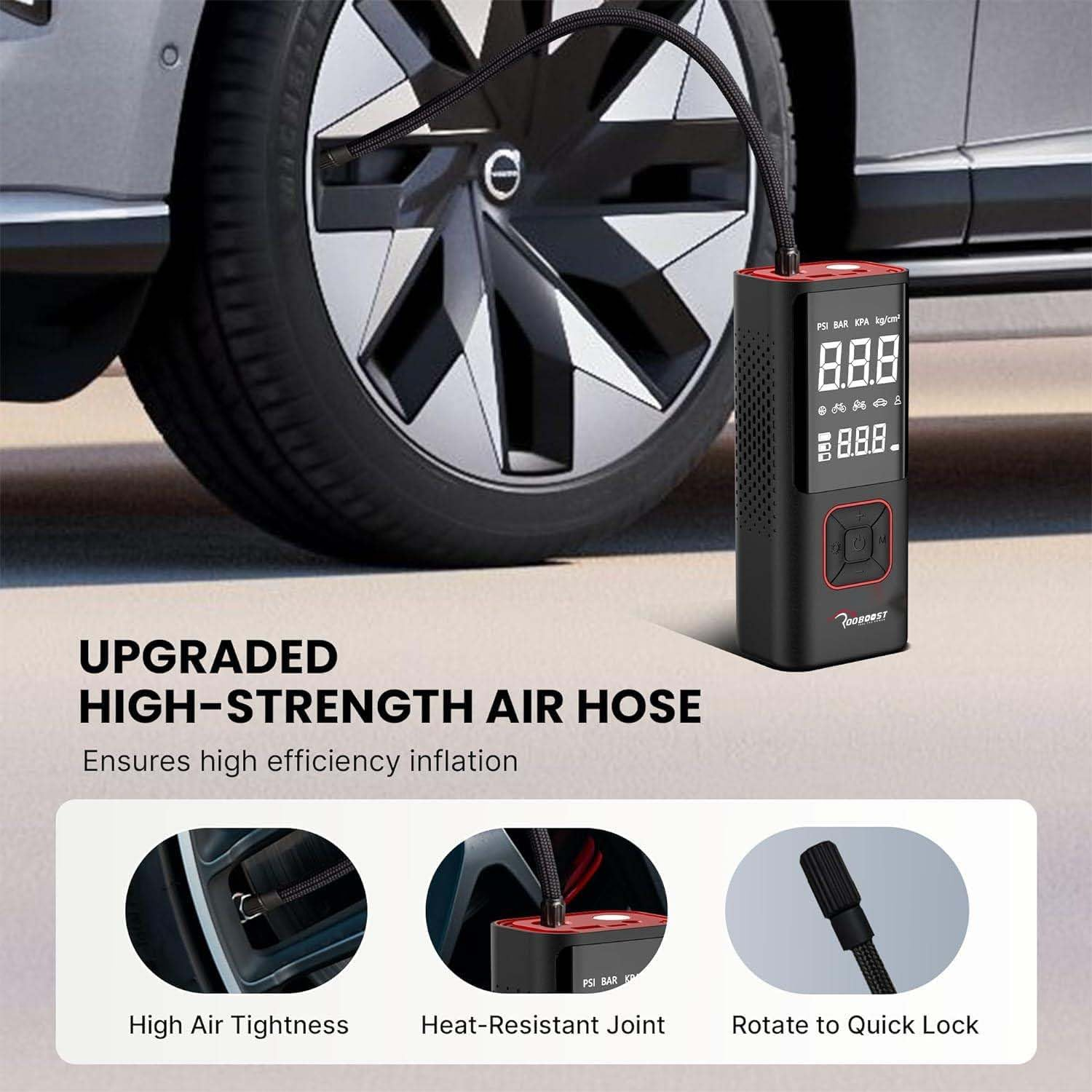 ROOBOOST Tyre Inflator, 6000Mah Cordless Air Compressor, 150PSI Pressure Digital Gauge, Car/Bike/Ball/Air Pump, USB Type-C Charger, Emergency Light. RB-TL80 Cordless Tyre Inflator & Power Bank image number 4