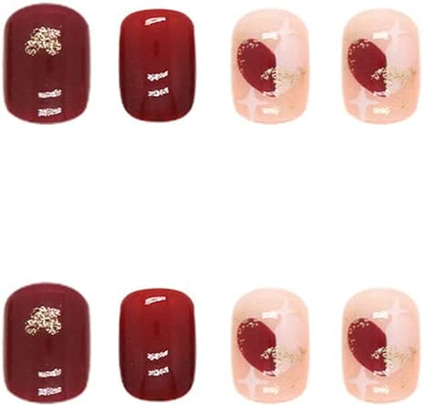 Short French Fake Nails Full Cover Red round Glossy Nails with Grid Design Fake Nails Stick on Nails for Women Girls （24 PCS） image number 1