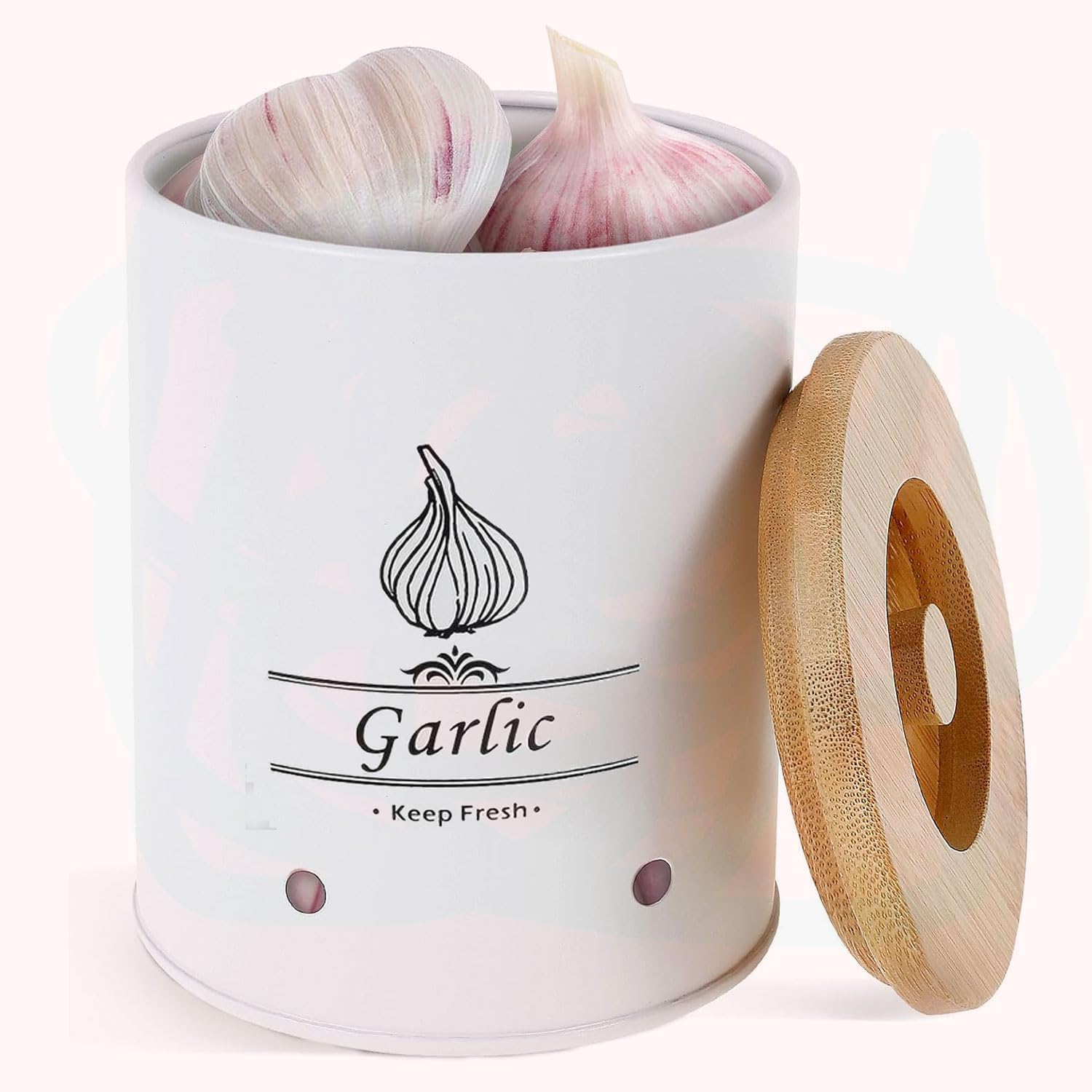 Large Ceramic Garlic Keeper, with Wood Lid Ventilated Garlic Storage Container Garlic Storage Container for Counter Garlic Storage Box Large Capacity Garlic Saver for Kitchens (White) image number 4