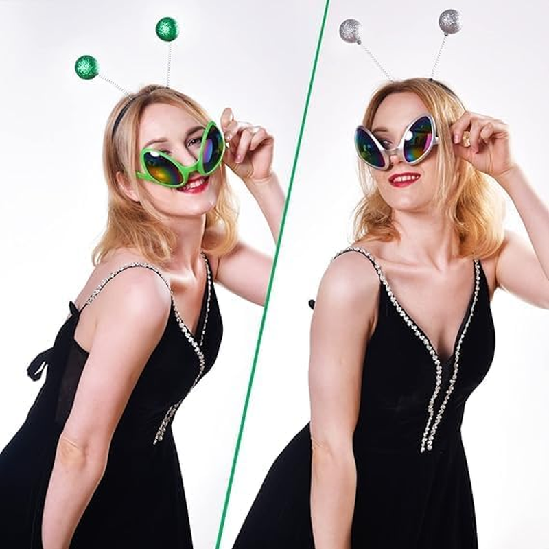 2 Pairs Alien Headband and Glasses,Alien Rainbow Lens Sunglasses,Headband Boppers Antenna for Adults and Kids(Green+Silver) image number 4