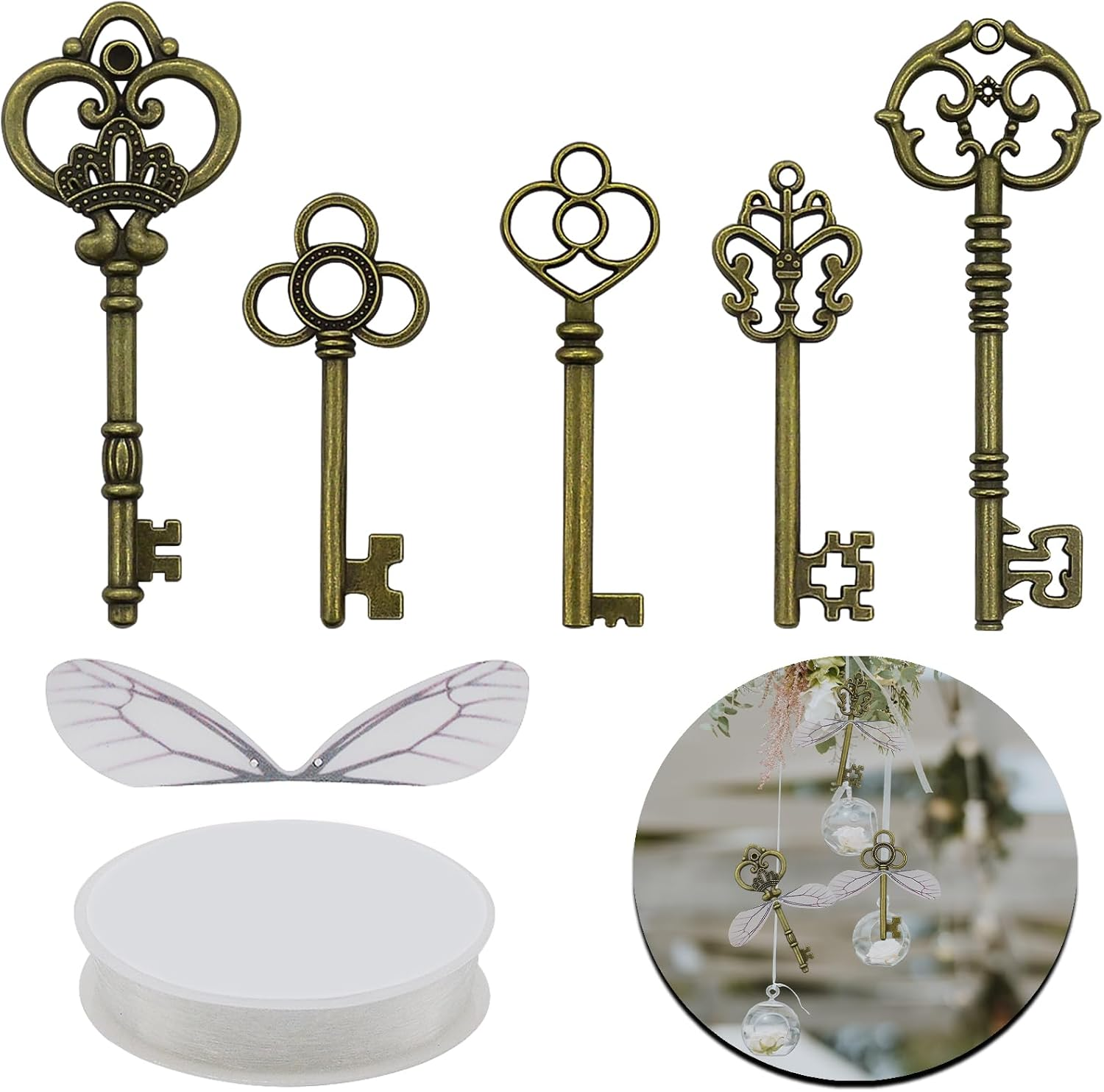 Aokbean 50 PCS Vintage Skeleton Keys Flying Keys with Dragonfly Wings and Clear Fishing Line for DIY Craft Jewelry Making Necklace Bracelet Charms Crafts Party Favor Home Decoration image number 3
