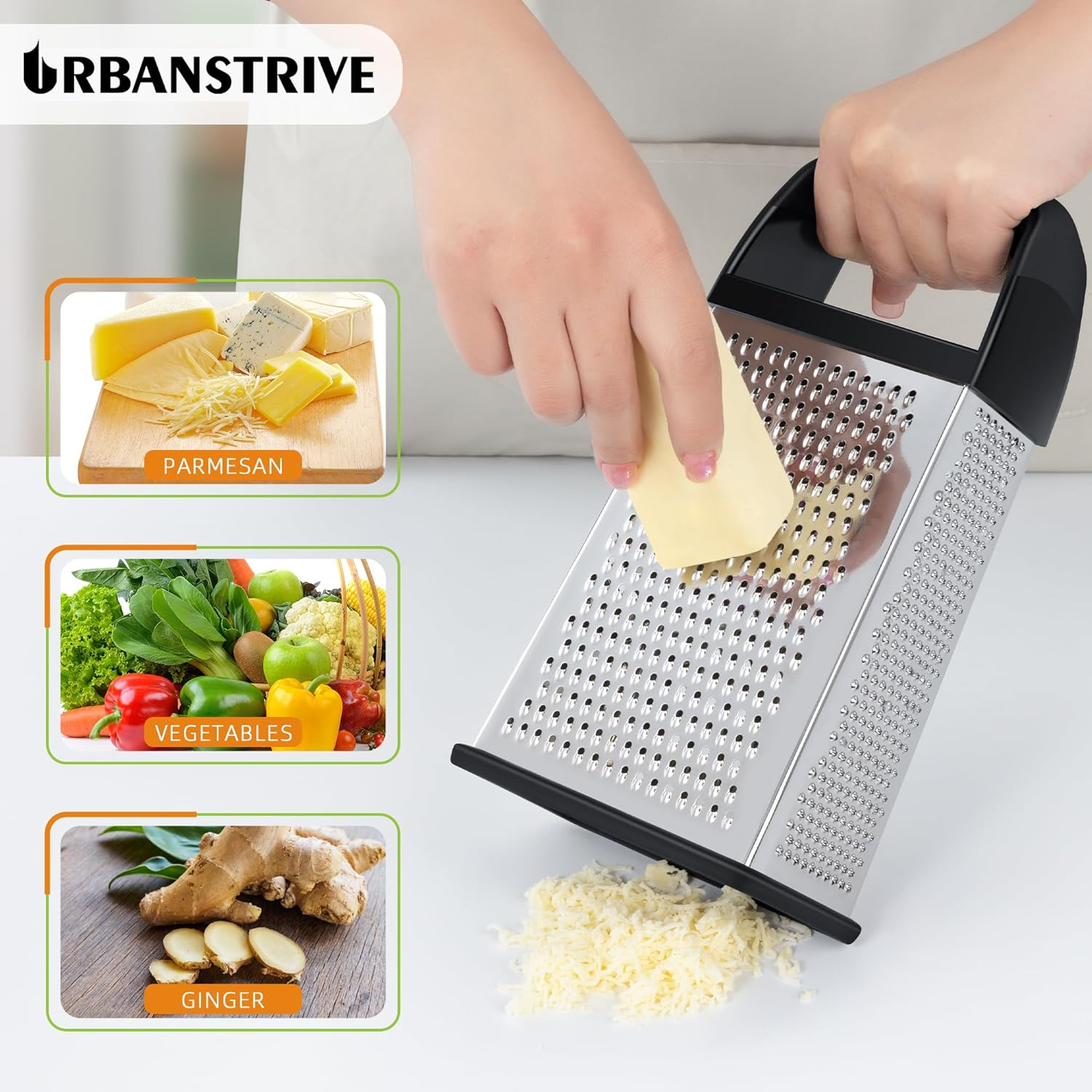 Urbanstrive Cheese Grater with Container Box Grater Stainless Steel Graters for Kitchen Cheese Shredder Parmesan Shredder Kitchen Gadgets Kitchen Tools Kitchen Gifts for Chef Dishwasher Safe Zester - Black image number 5