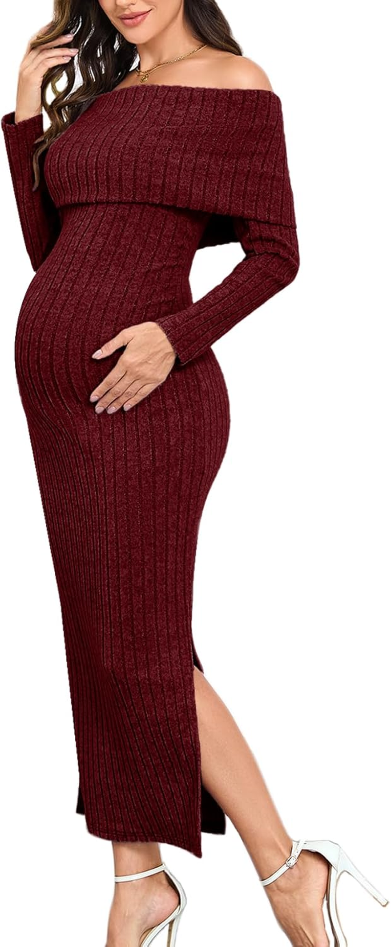 Maternity Sweater Dress off the Shoulder Rib Knit Long Sleeve Dresses with Side Slit for Pregnancy Baby Shower