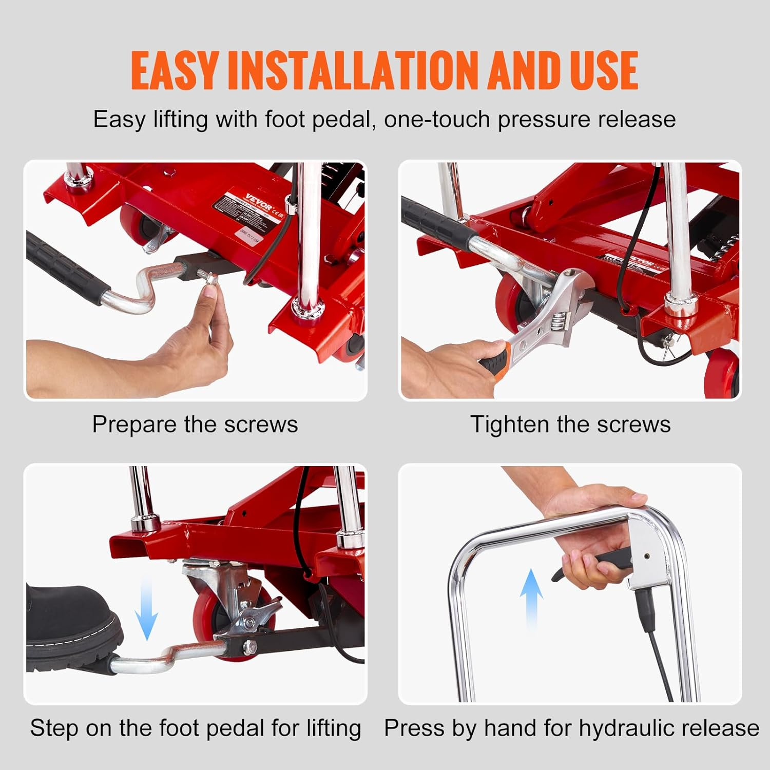VEVOR Hydraulic Lift Table Cart, 500Lbs Capacity 28.5" Lifting Height, Manual Single Scissor Lift Table with 4 Wheels and Non-Slip Pad, Hydraulic Scissor Cart for Material Handling, Red image number 1