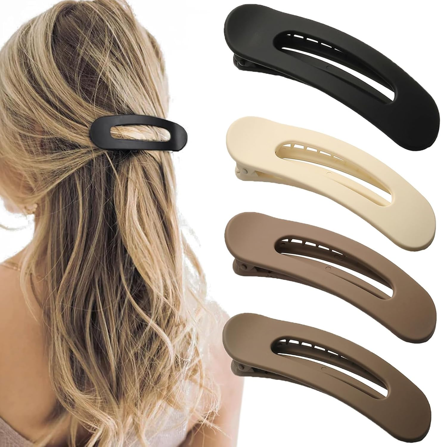 4 PCS Flat Claw Clips, Large Lay Flat Hair Clips for Women Girls, Strong Hold Non-Slip Hair Claws for Thick Thin Hair (Matte 3)