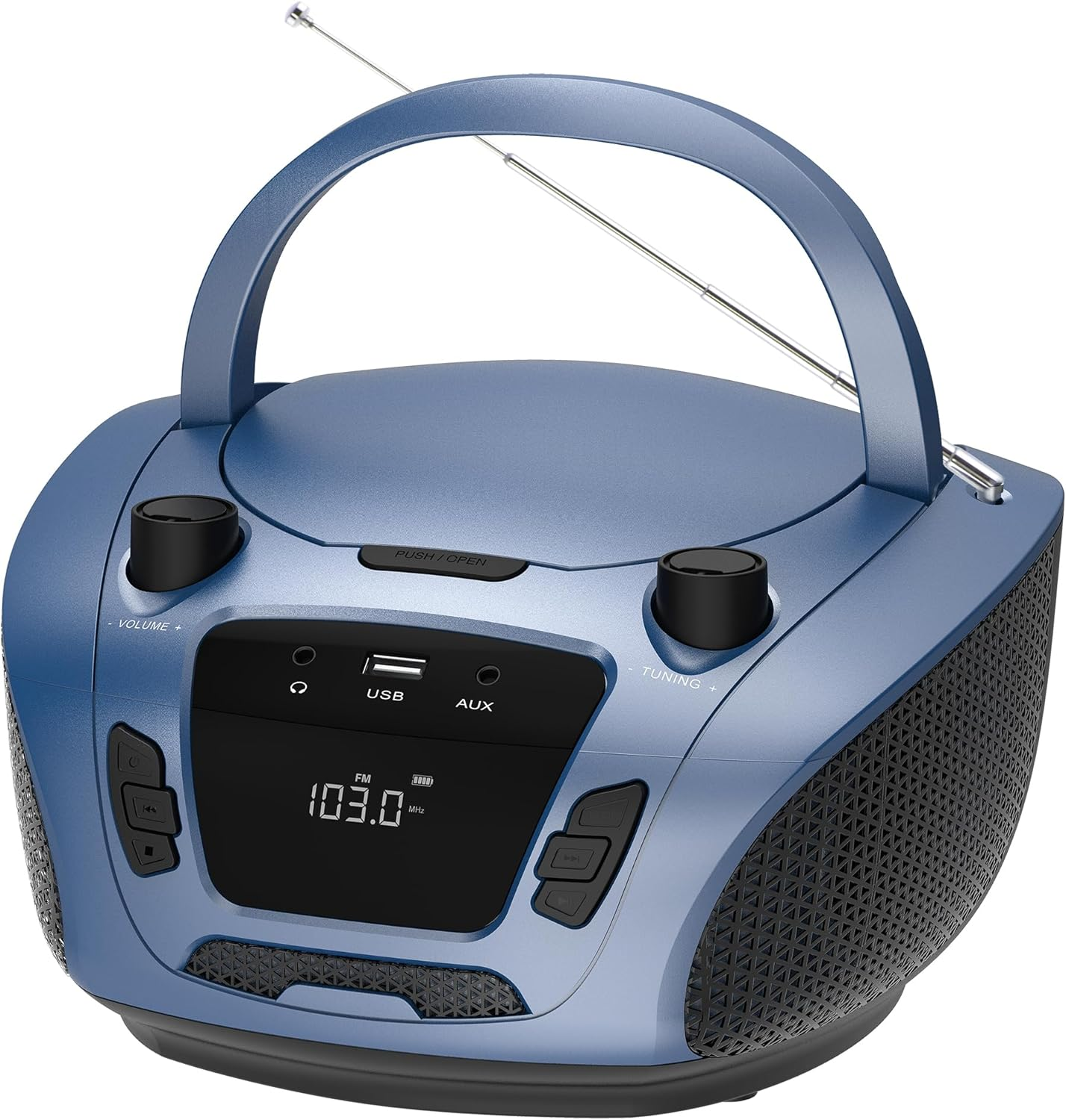 Portable Boombox - CD Player, Bluetooth, USB, MP3, AUX, FM Radio, Portable, Built-In Stereo Speakers, Carrying Handle, LCD Display, Black
