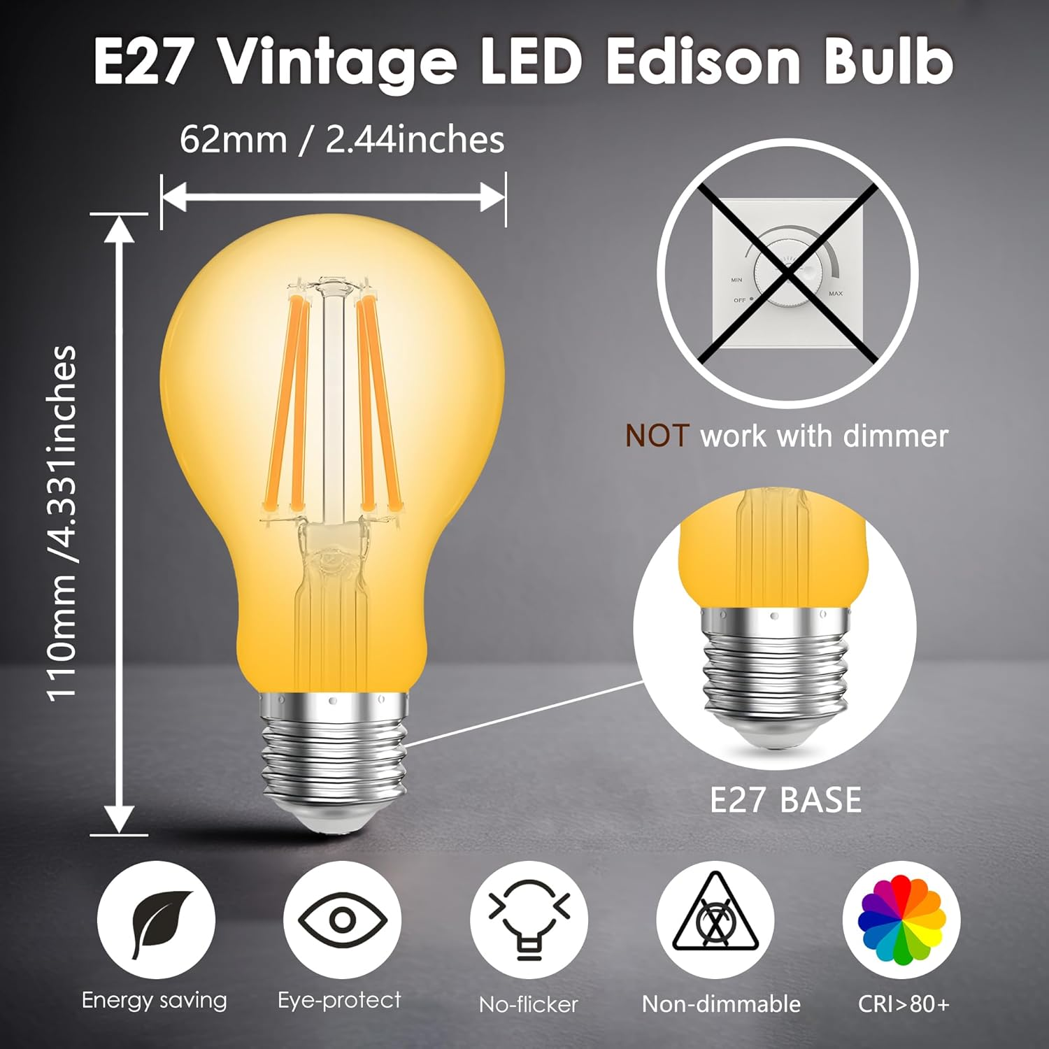 FTL E27 Vintage LED Bulbs,4W 40W Equivalent E27 Edison Screw Light Bulb 3000K Warm White,Non-Dimmable,400Lm A60 LED Filament Clear Glass Globe Light Bulb,Pack of 6