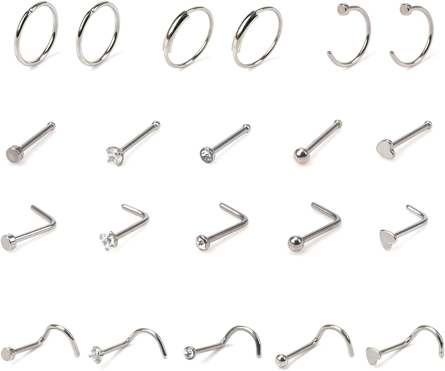 20G Nose Rings Hoop Set Stainless Steel Nose Studs Nose Screw Nose Hoop Rings CZ Nose Piercing Jewelry for Women Men