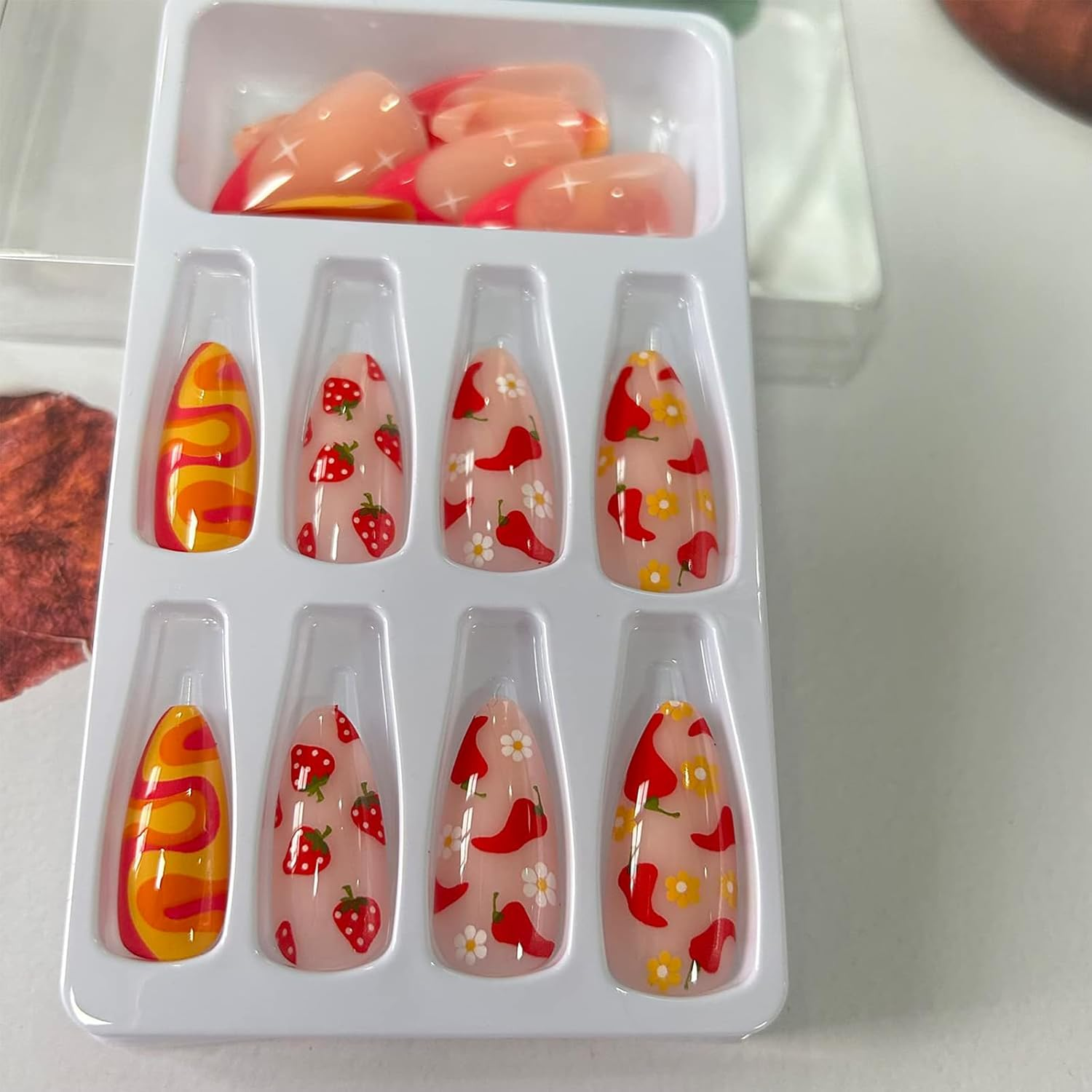 Tavvke 24 Pcs French Tip Press on Nails, Medium Almond Fake Nails with Colorful Fruit Swirl Floral Designs, Full Cover Nail for Women and Girls image number 4