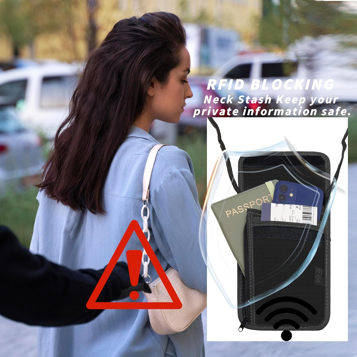 Maiiu Travel Neck Wallet with RFID Blocking &ndash; Passport Holder Organizer Neck Pouch &ndash; Portable Easy to Conceal Travel Pouch, Black, Rfid Blocking - Black image number 4