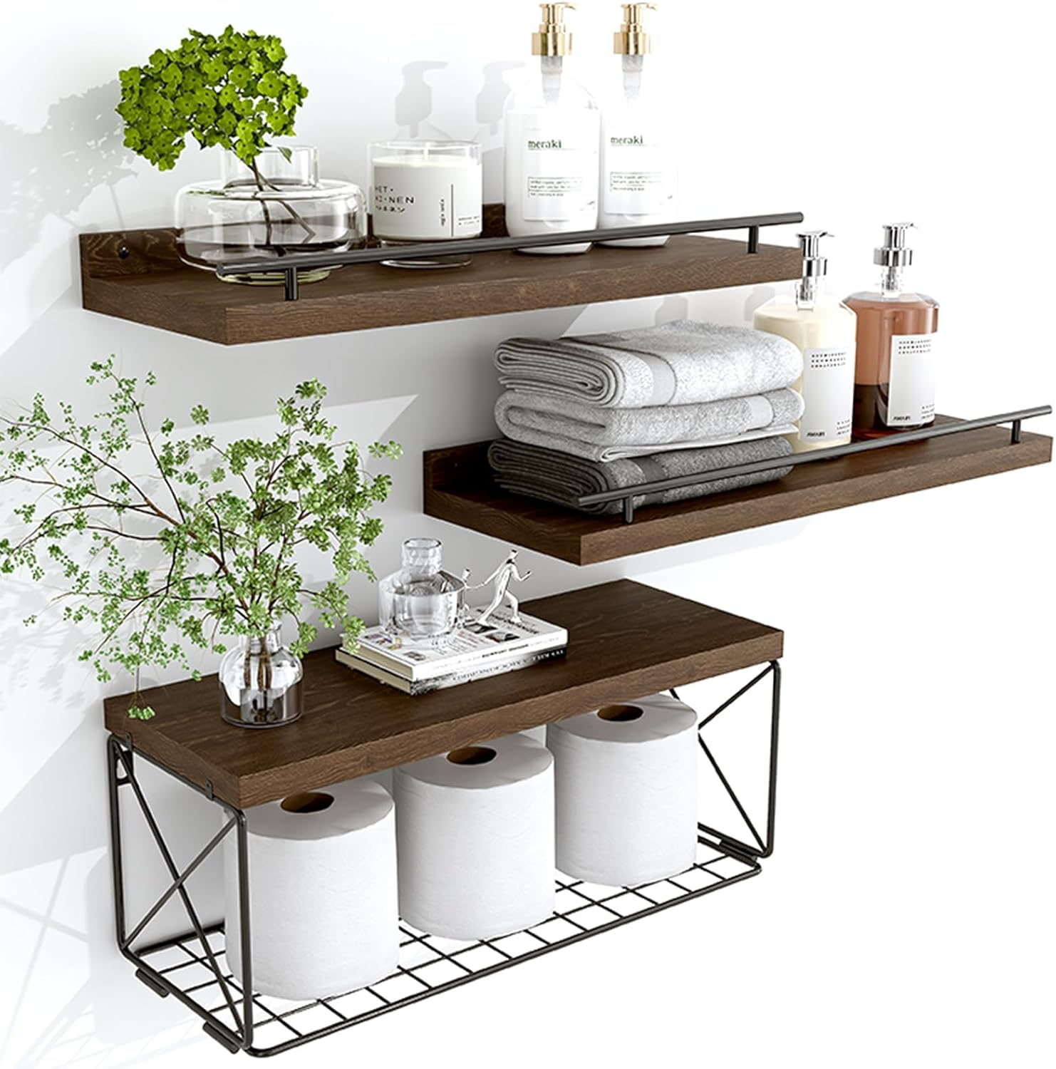 Hoiicco Bathroom Shelves with Metal Guardrail, Wood Floating Shelves over Toilet with Wire Storage Basket, Floating Wall Shelves for Bedroom, Living Room, Kitchen and Bathroom Toilet Paper - Brown image number 1