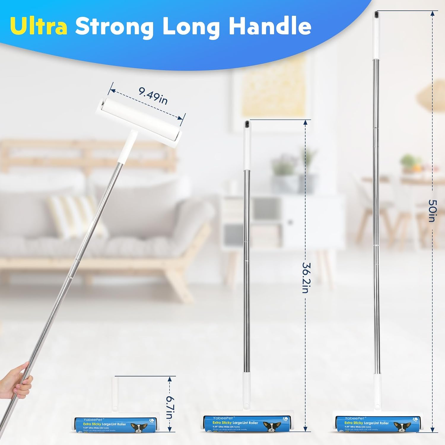 Large Lint Rollers for Carpet and Floor, 24.1Cm Extra Sticky Rollers with 127Cm Long Handle for Carpets, Couch, Floor, Clothing, and Pet Hair Cleaning(1 Roller) image number 5