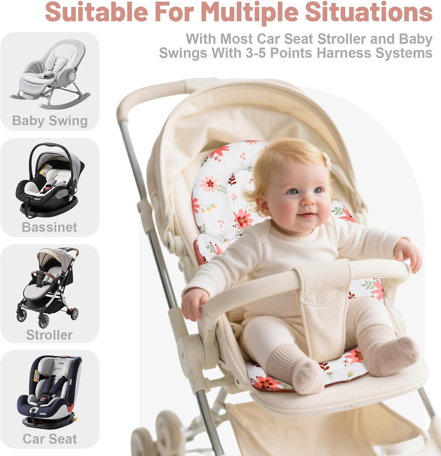 KAKIBLIN Infant Car Seat Insert, Baby Car Seat Cushion, Car Seat Head Support for Infant,Breathable Reversible Carseat Insert Support for Newborn Stroller, Baby Swing, Bassinets, Pushchair (Pink) - Grey image number 3