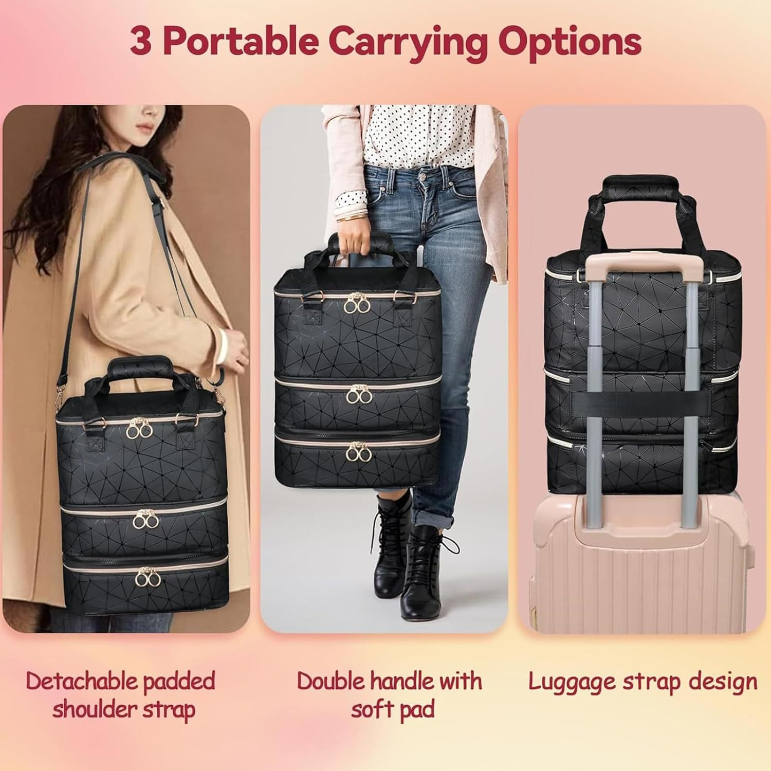 Nail Polish Organizer Bag, 3 Layers Storage Bag Holds 84 Bottles and One Nail Lamp, Large Shoulder Bag for Manicure Tools, Geometric Pattern, Nail Polish Organizer Bag image number 3