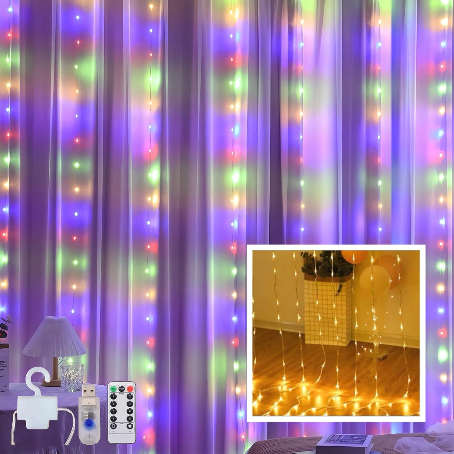 Clearhill 3 * 3Curtain String Lights 300LED Warm 8 Modes Soft Wire Curtain Lights with Remote & Timer, USB Operated, Waterproof for Indoor/Outdoor Decorations，Bedroom，Wedding，Party
