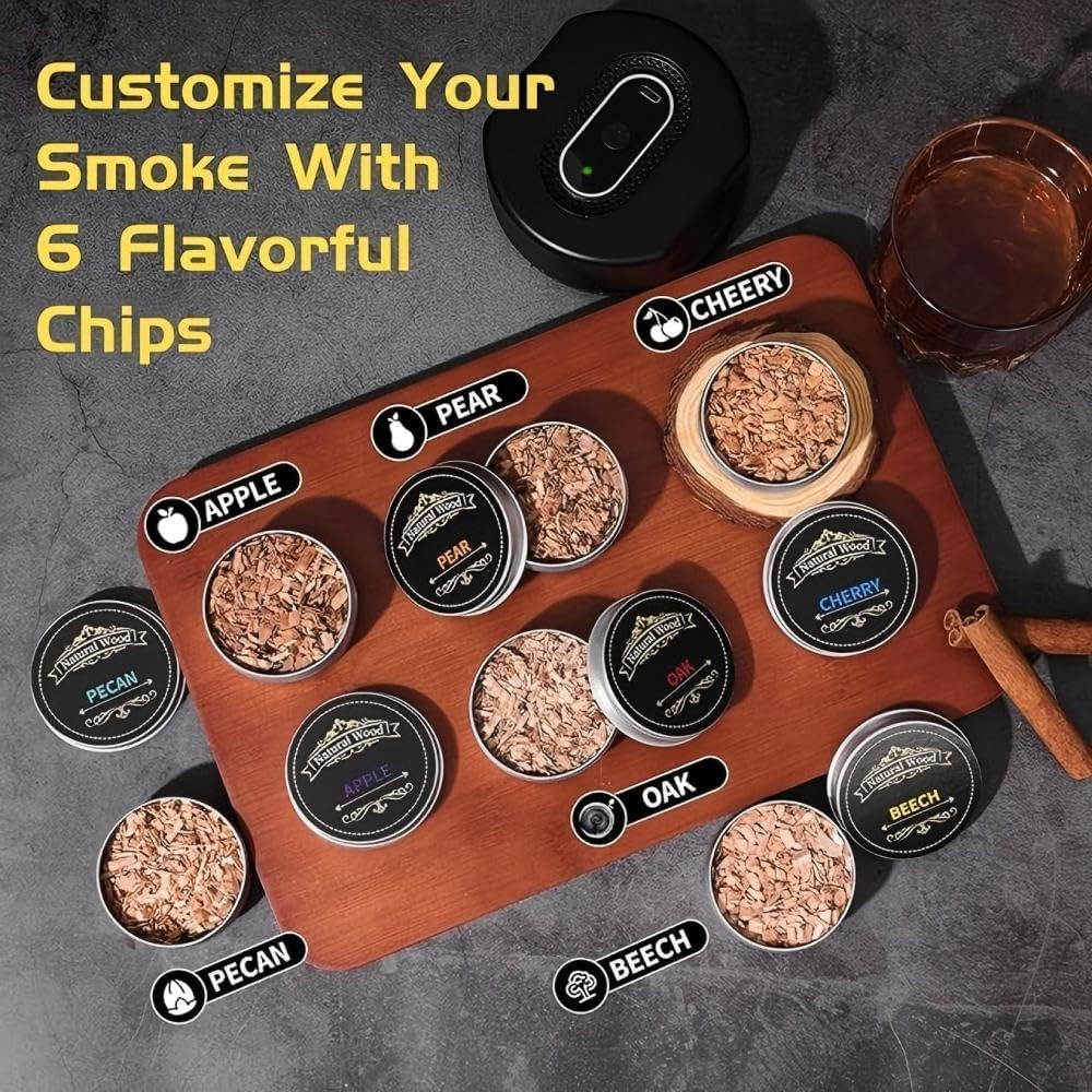 Electric Whiskey Smoker Kit, Built-In Lighter, Rechargeable, No Butane Needed, with 6 Natural Wood Chips for Cocktails & Old Fashioned Drinks - Bourbon Whiskey Gifts for Men, Dad, Husband