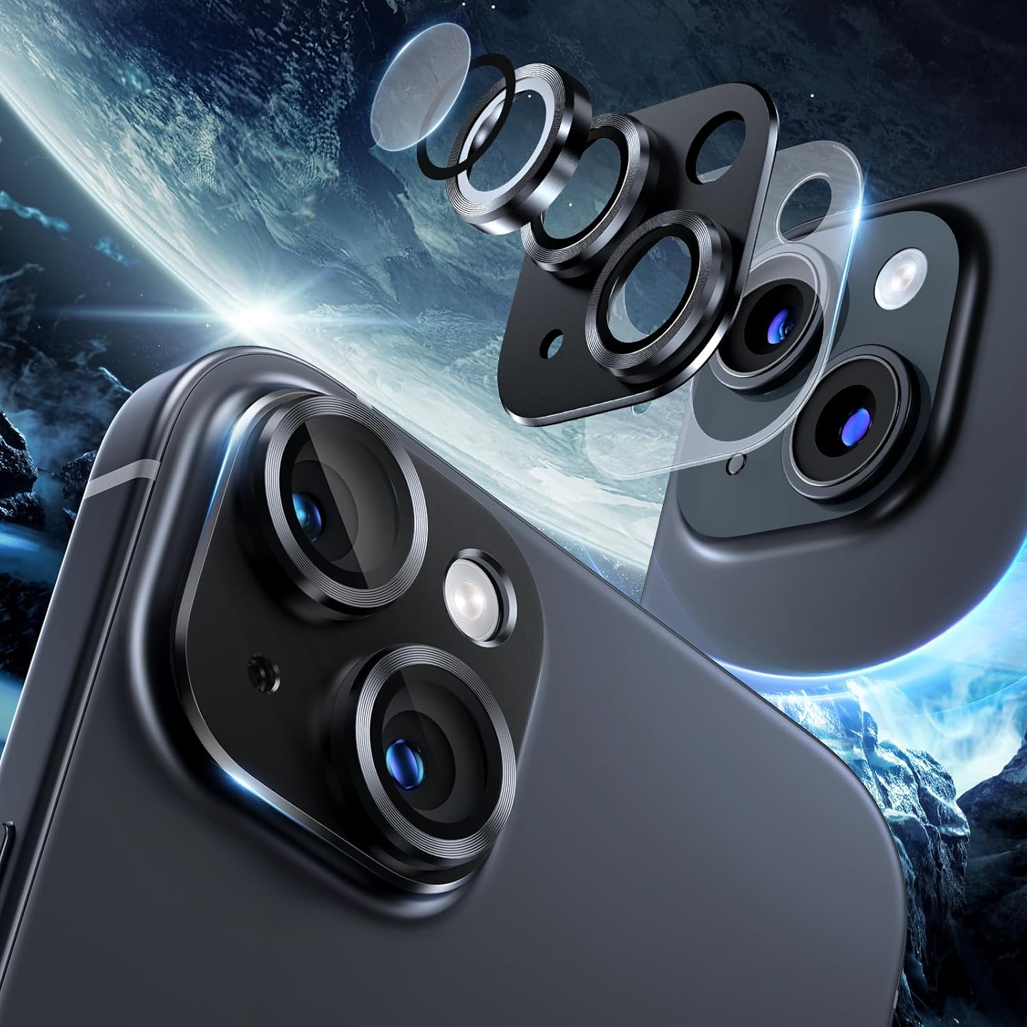 Giftorld [2 Pack Camera Lens Protector for Iphone 15/15 Plus, 9H Tempered Glass,Aviation Aluminum Plate Cover,Night Circle,Hd Clarity,Case Friendly,Easy Installation-Black image number 3