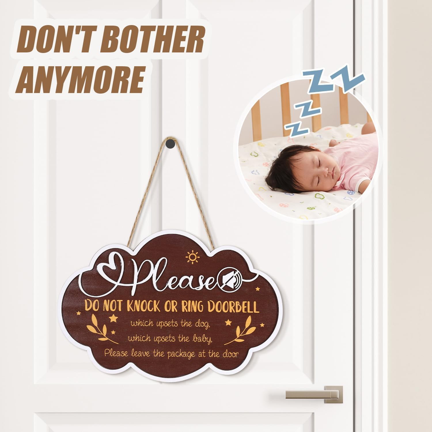 Baby Sleeping Sign, Hanging 3D Wooden Baby Sleeping Sign Plaque with Rope for Baby Room Nursery Kids Room Bedroom Front Door Decoration for New Parents Gifts (Model A) image number 3