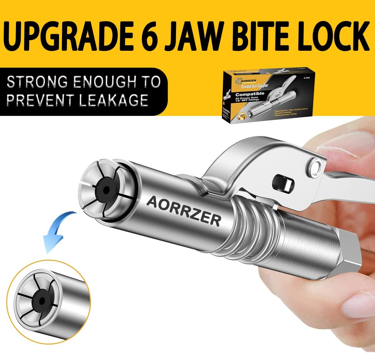 AORRZER Grease Gun Coupler 2 PCS, Strong Lock-On Greases Couplers, 12000 PSI High Pressure Quick Release Grease, Durable and Compatible with All Guns 1/8'' NPT Fittings Silver image number 4
