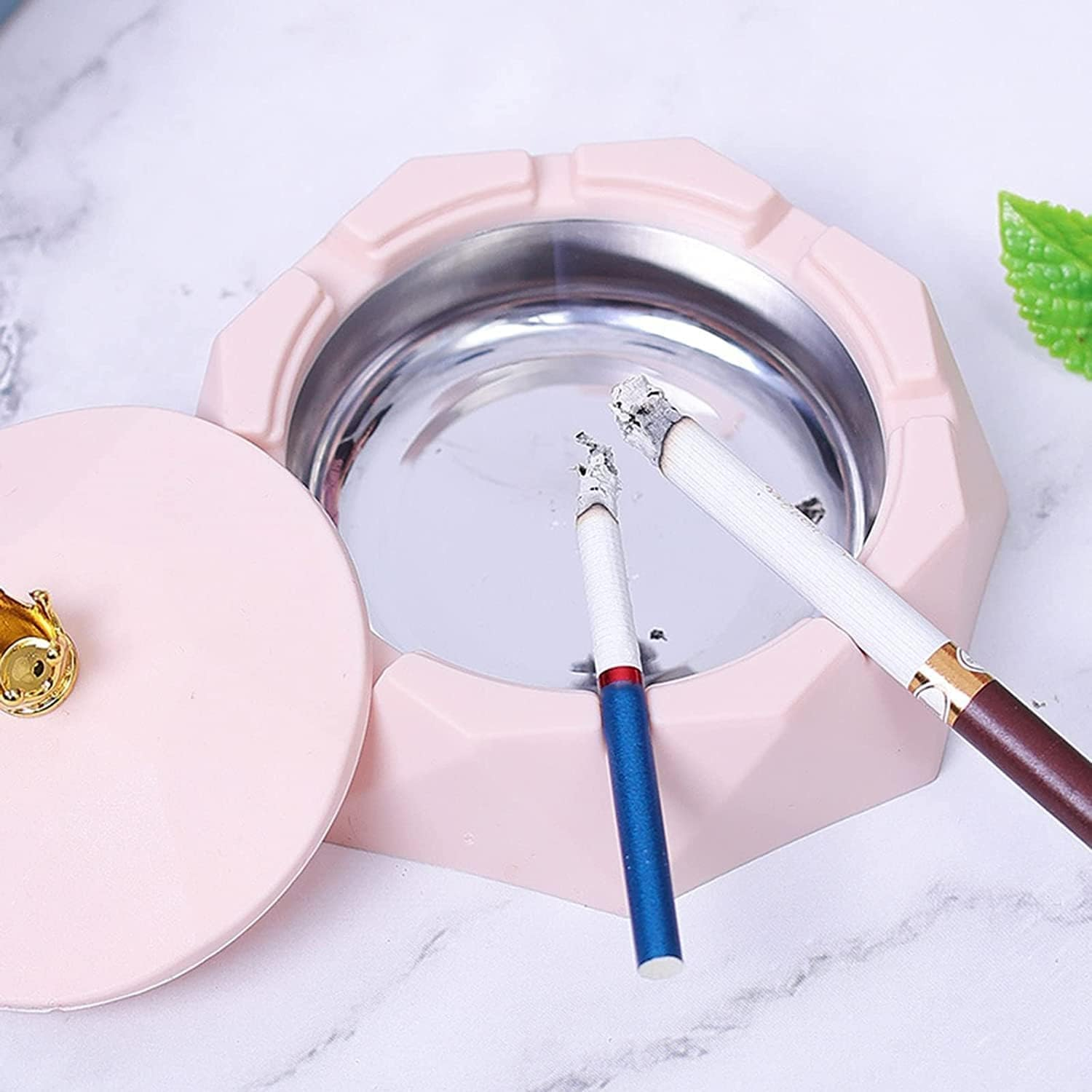 Pink Crown Stainless Steel Ashtray with Lids, Cigarettes Ashtray for Indoor or Outdoor Use, Windproof, Ash Holder for Smokers, Desktop Smoking-Ash Tray for Home, Office Decoration, image number 2