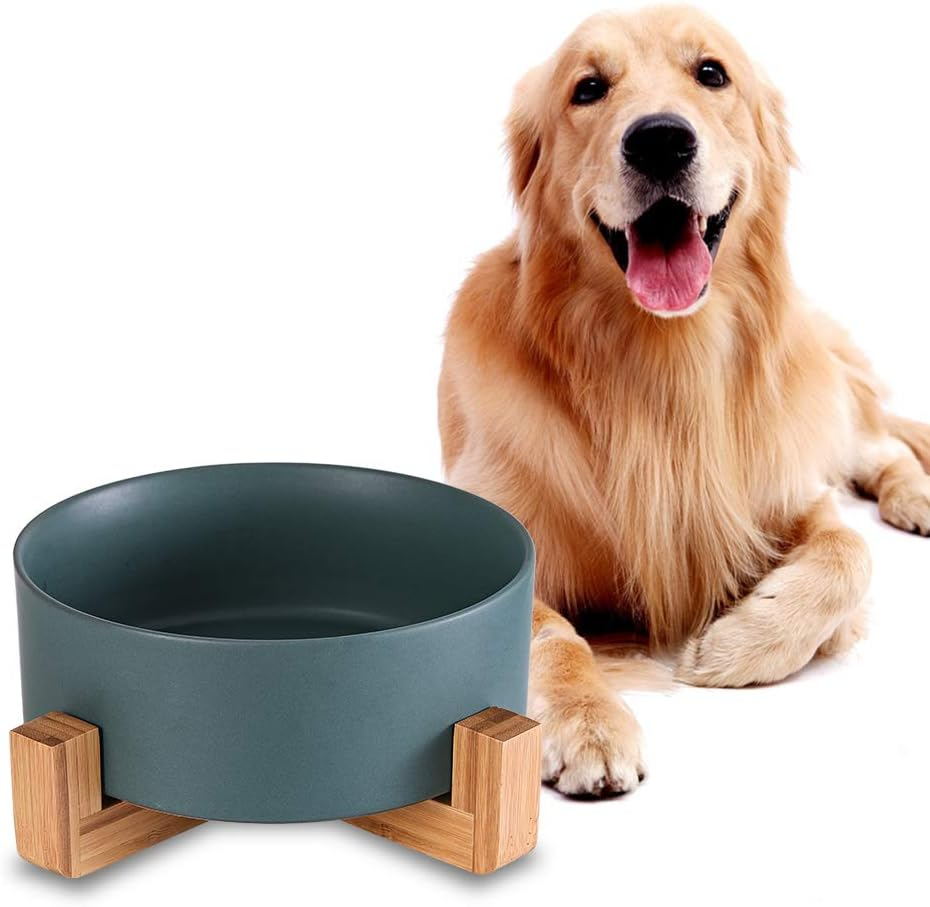 Grey Ceramic Dog Bowls with Wood Stand, Dog Water Bowls and Food Dish, Heavy Weighted or No Tip over Dog Comfort Food Bowls, Stoneware Pet Bowl,Extra High Capacity 8.4" Diameter, for Large Dogs