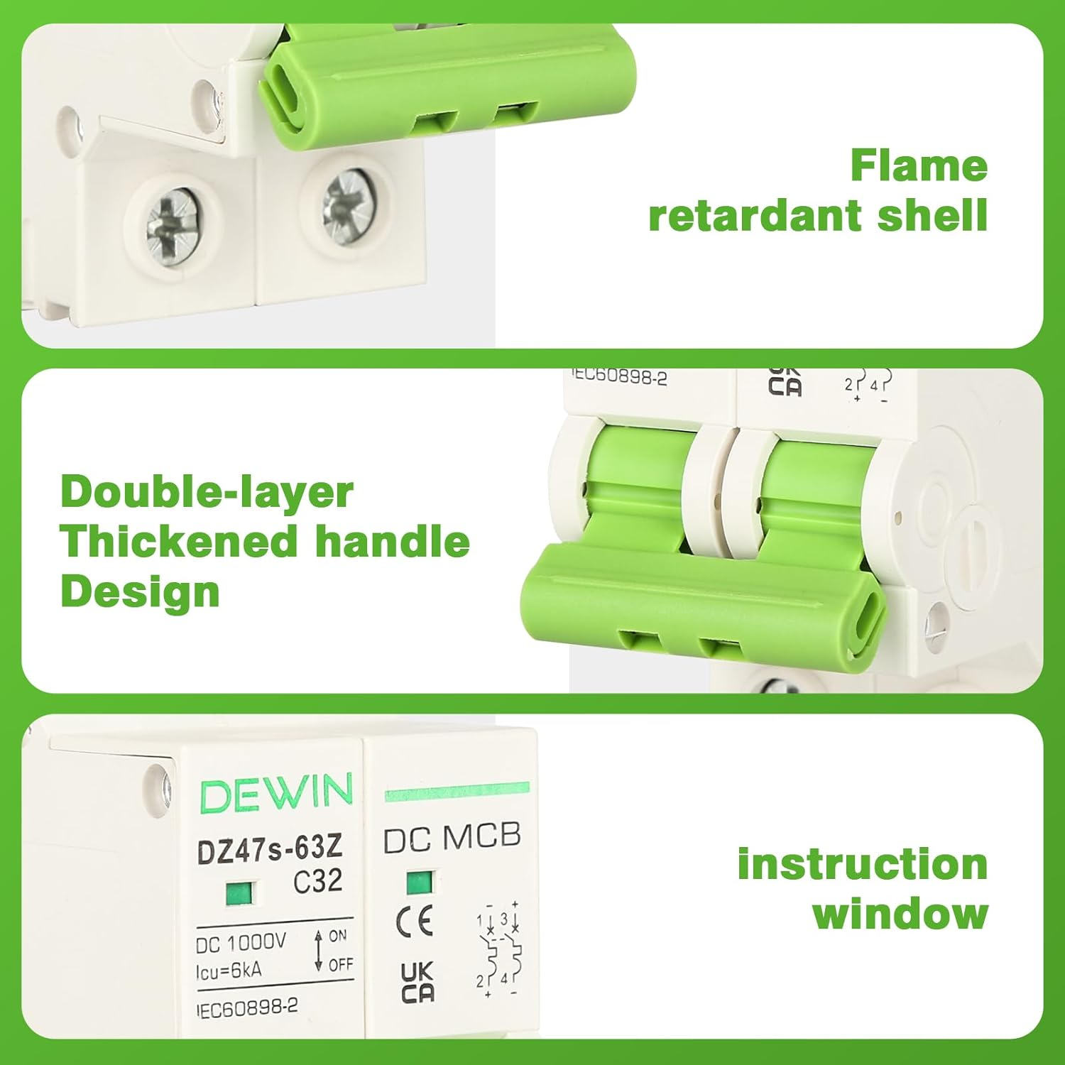 Victool DC Miniature Circuit Breaker, DC Circuit Isolator, Low Voltage Miniature Circuit Breaker DIN Rail Mount 2P 32A DC1000V image number 5