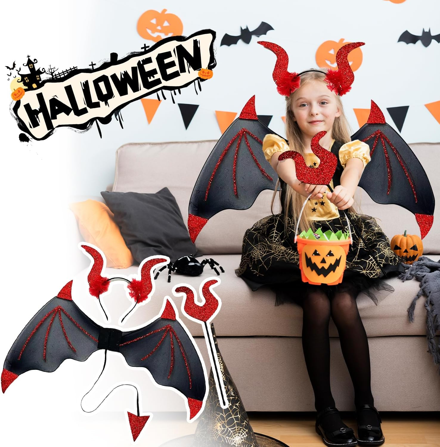 GIOD Halloween Devil Wings Costumes, Devil Wings and Headband, Role Playing the Dark Angel with a Corner Belt and the Devil Fork, Suitable for Halloween, Party, Stage Performance image number 4