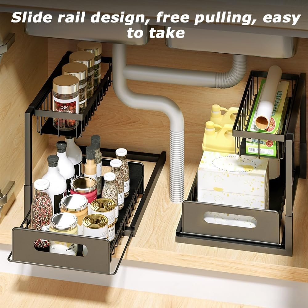 Ultra-Durable Pull-Out under Sink Organizer, Black Space-Saving Storage Shelf, Carbon Steel Drawer Rack, Suitable for Kitchen Cabinets, Bathroom & Office Drawers image number 2