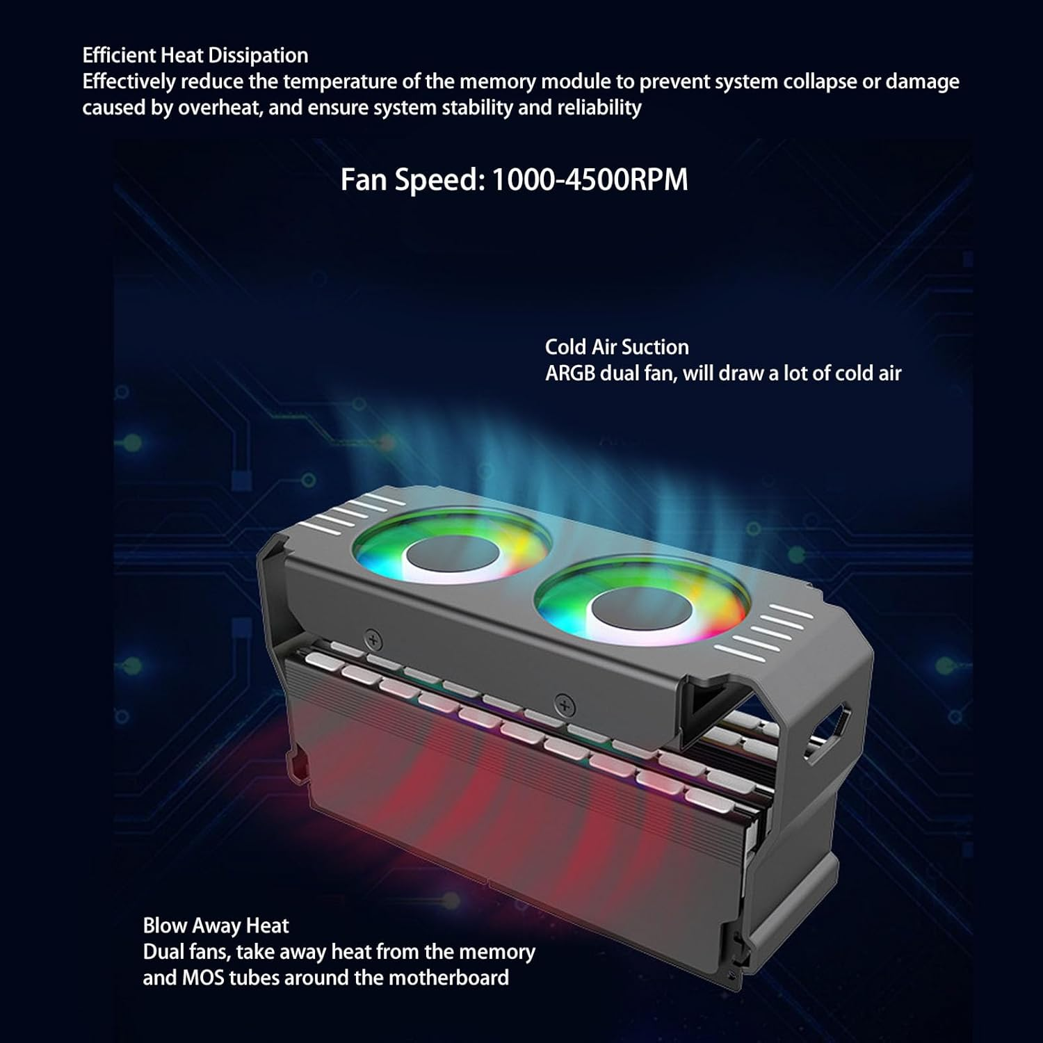 Memory Cooling Fan, ARGB Light Effect Memory Cooler Professional Computer Memory Module Heat Sink for DDR DDR2 DDR3 DDR4 DDR5 (Black) - White image number 2