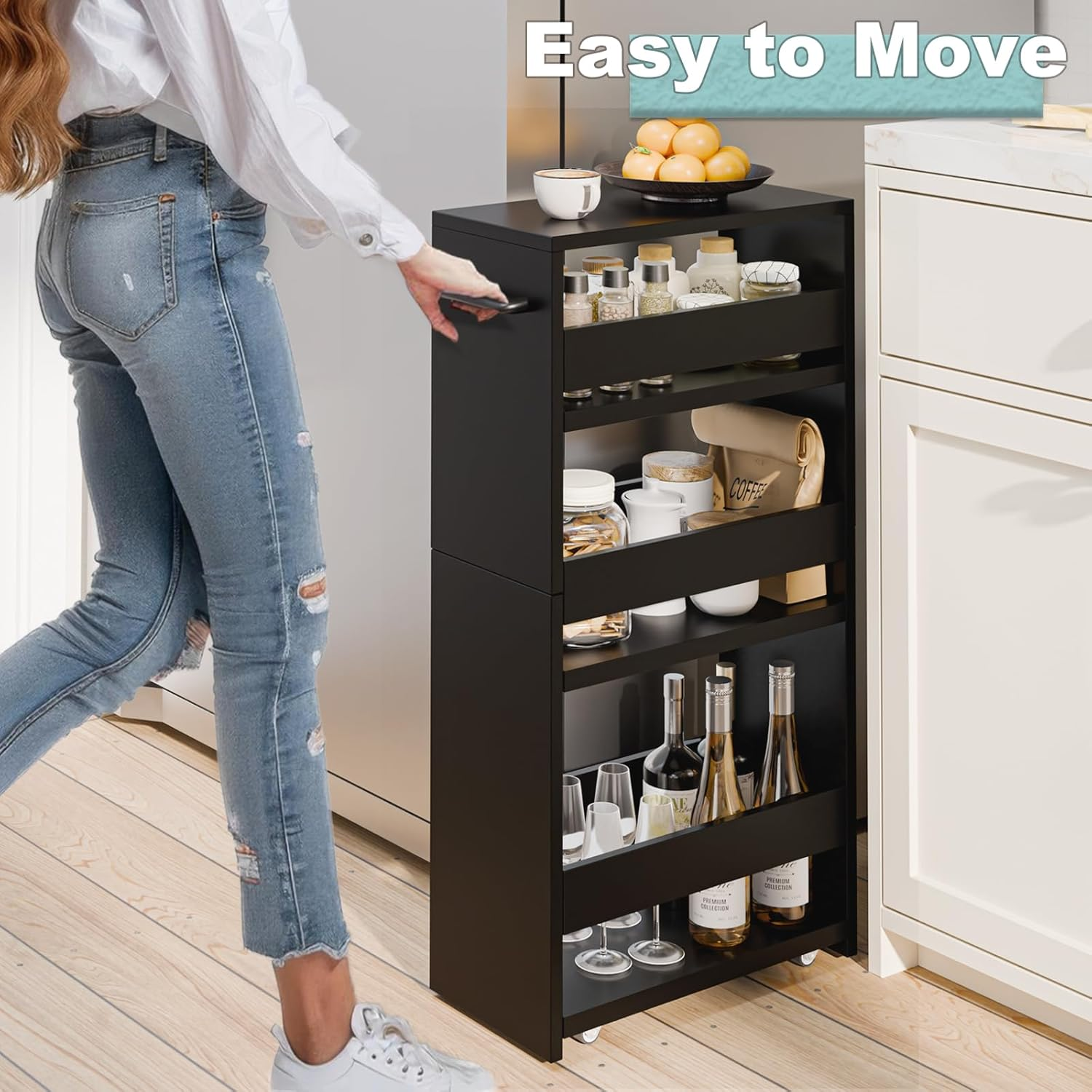 MARTY Rolling Storage Cart 7.9" W, 4-Tier Kitchen Cart with Wheels Handle, Slim Storage Cart Mobile Shelving Utility Carts for Bathroom Laundry Room Organization Narrow Places (All Black) image number 2