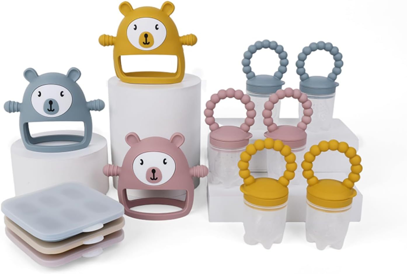 Baby Silicone Teething Mitten Set, 4-Pack with Food Feeder and Freezer Tray, BPA Free, Pink/Blue/Yellow (Bl) - Blue image number 3