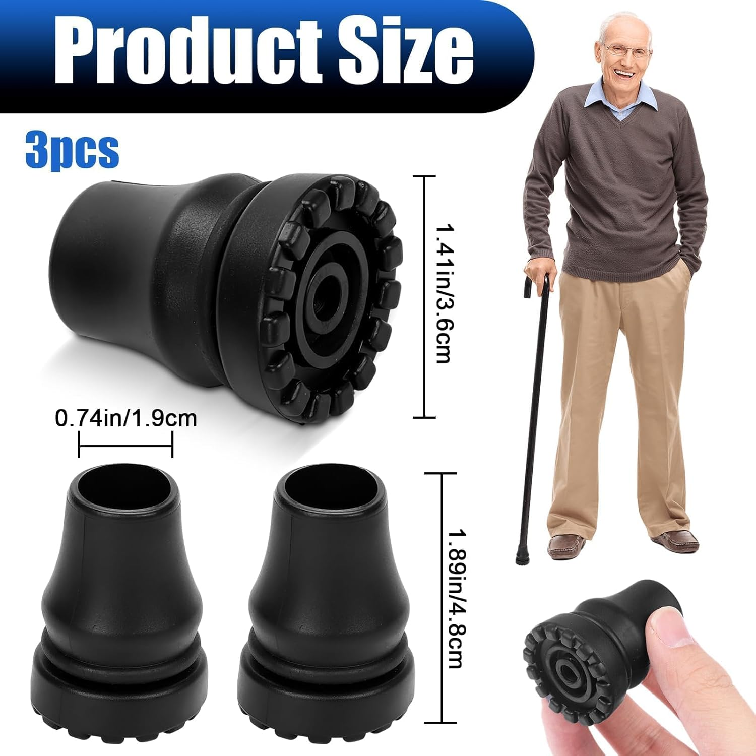 Cane Tips, 3 Pcs Non Slip All Terrain Crutch Tips, 3/4 Inch Rubber Replacement Cane Tips for Canes, Walking Sticks, Hiking Stick, Seniors Crutches (3 Pcs,Black) image number 4