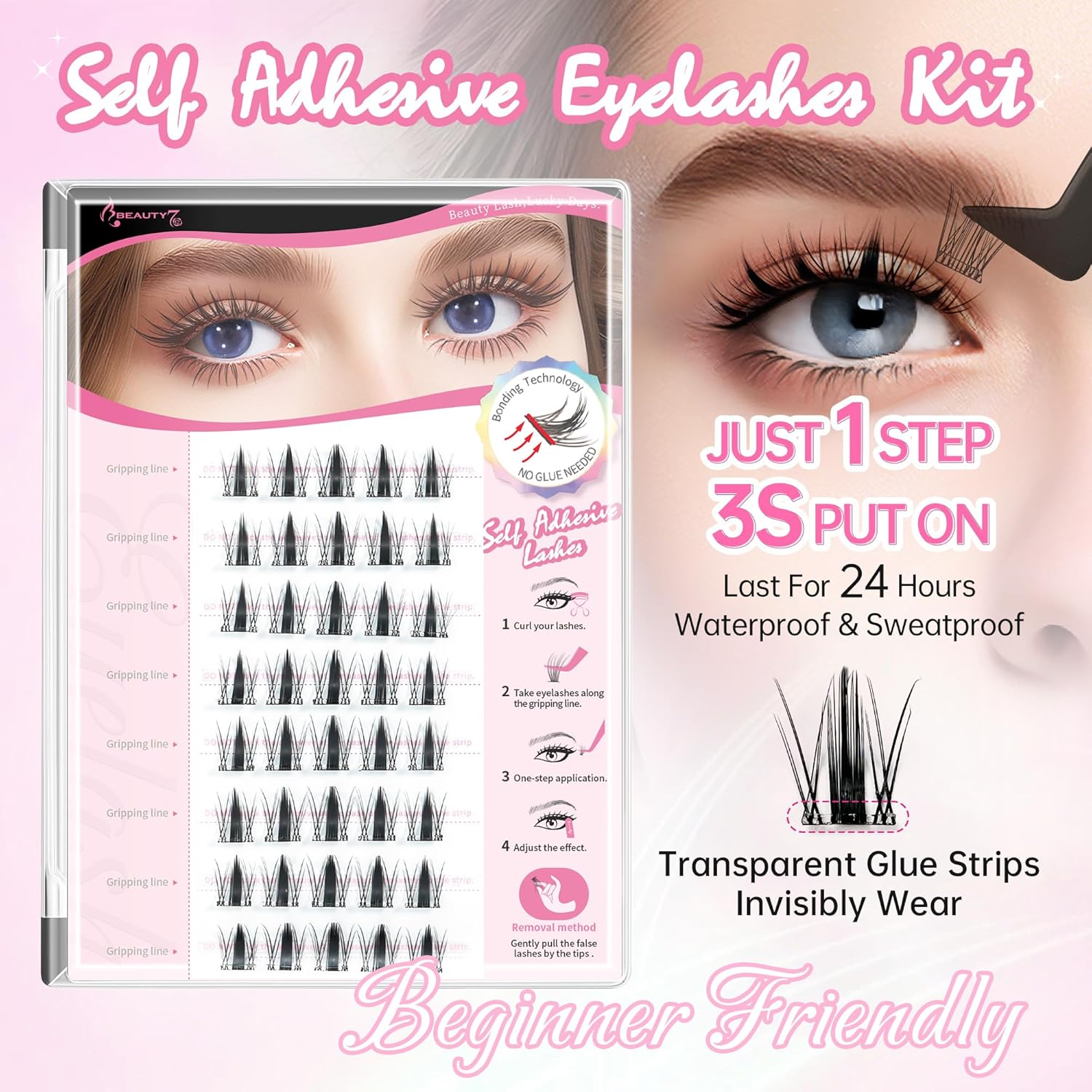 Beauty7 Self-Adhesive Eyelashes Clusters Lash Press on Reusable Self-Adhesive Eyelash Clusters No Glue No Remover 1 Step Lashes Pre Glued Cluster Lashes (Peacock Plume) image number 4