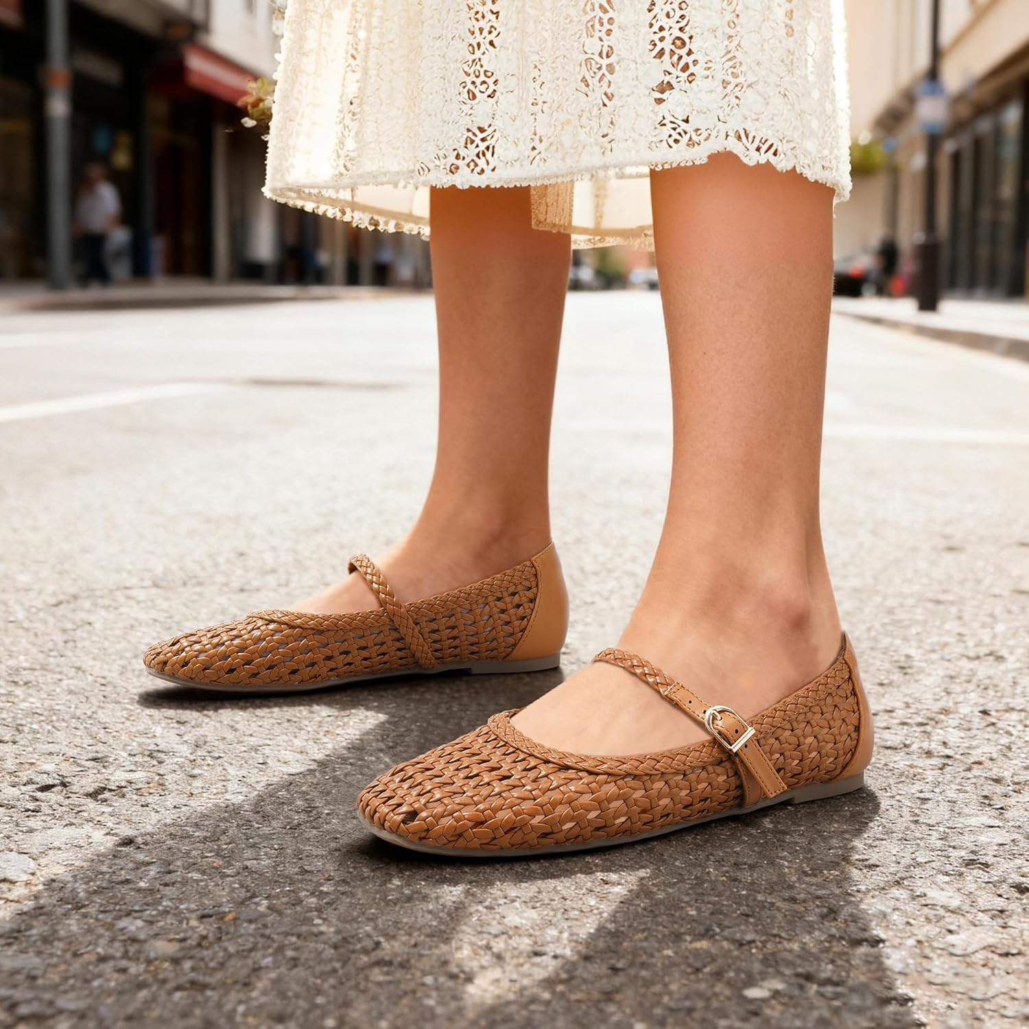 Maxmuxun Ballet Flats for Women Square Toed Mary Jane Flat Comfortable Woven Dressy Shoes image number 6
