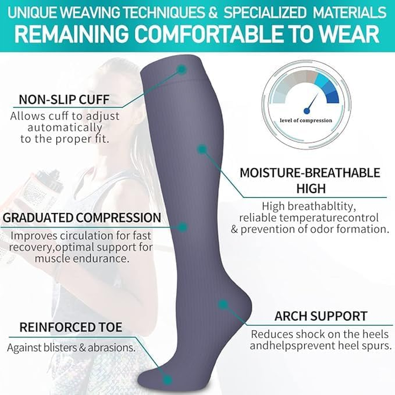 Compression Socks for Women & Men&mdash;6 Pairs Long, Comfortable Support&mdash;For Running, Athletic, Nursing, Travel, Office, Hiking, Post-Workout&mdash;Unisex Size S/M image number 5