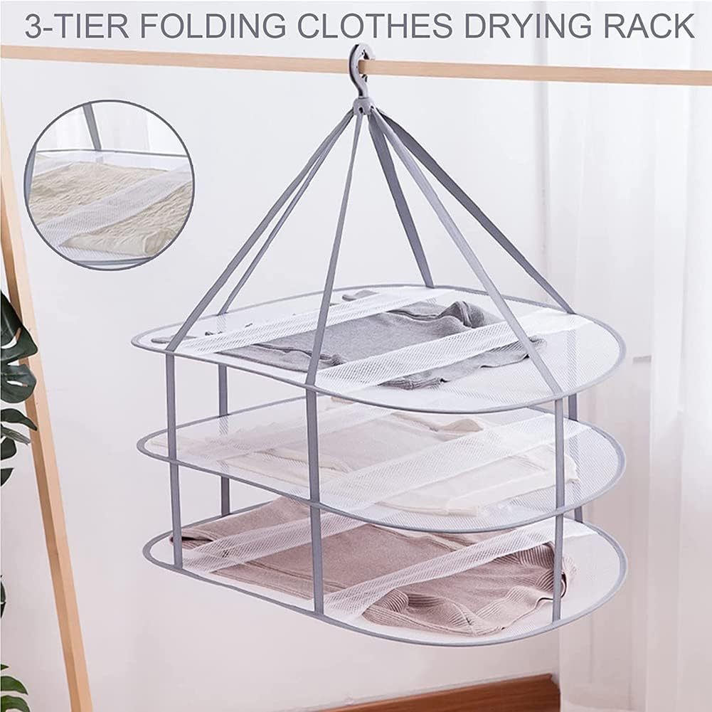 Qeunrtiy 3-Tier Sweater Drying Rack Hanging Clothes Hanging Dryer Laundry Mesh Drying Rack, Foldable Clothing Dryer Racks image number 2