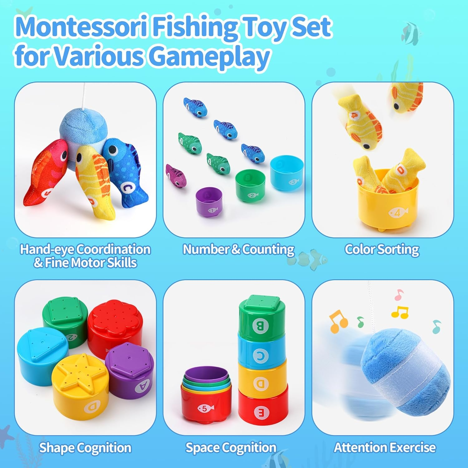 HAOON Montessori Toys for 1 Year Old, Cloth Fishing Game with Stacking Cups, Baby Toy 12-18 Months One Year Old Boy Birthday Gift, Toddler Toys for 1 2 Year Old Boy Girl Gifts image number 1