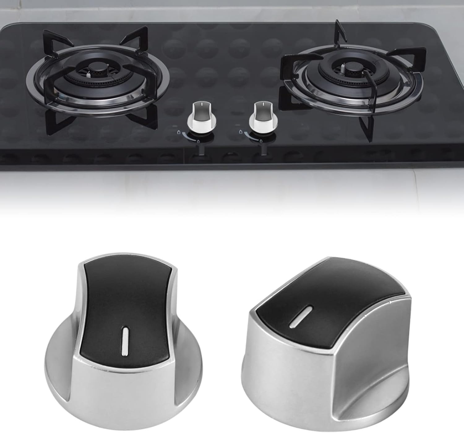 2Pcs Gas Stove Knobs, Zinc Alloy Replacement Control Knobs for Most Gas Cooktops, Silver & Black, Non-Slip Grip (36Mm Diameter)